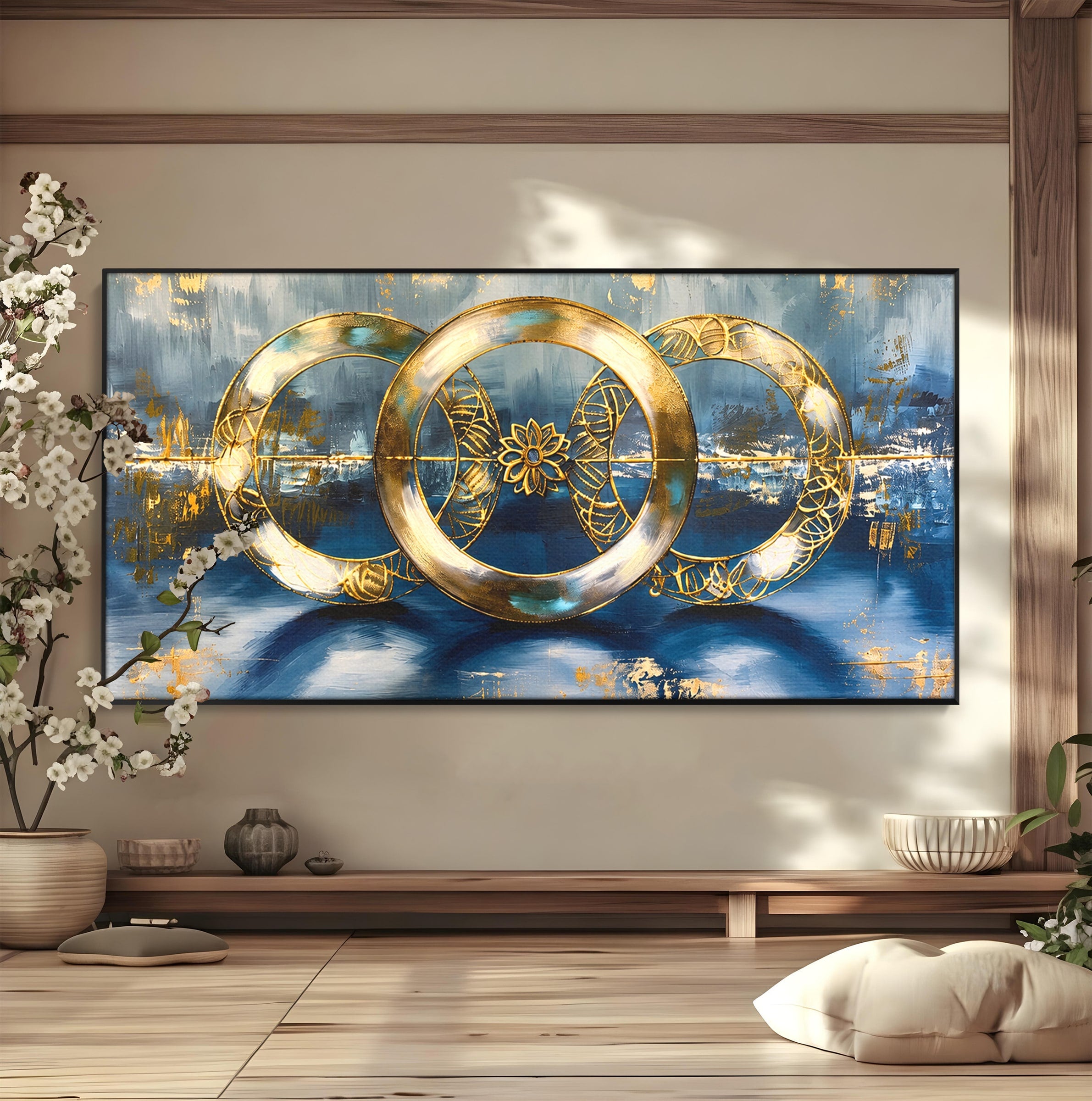 Tablou Canvas Premium LuxCanva® C1399, Cercuri Aurii Abstracte, Abstract, Cercuri, Auriu, Modern, Living, Culori Vibrante