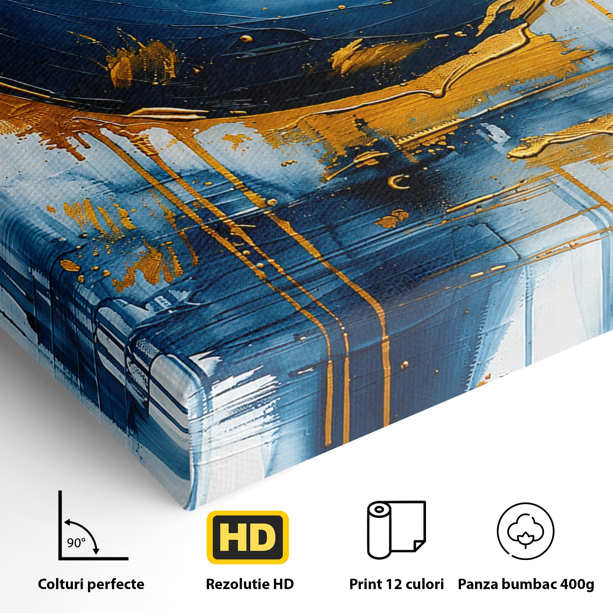 Tablou Canvas Premium LuxCanva® C1401, Luna Aurie, Luna, Abstract, Auriu, Albastru, Living, Dormitor, Culori Vibrante