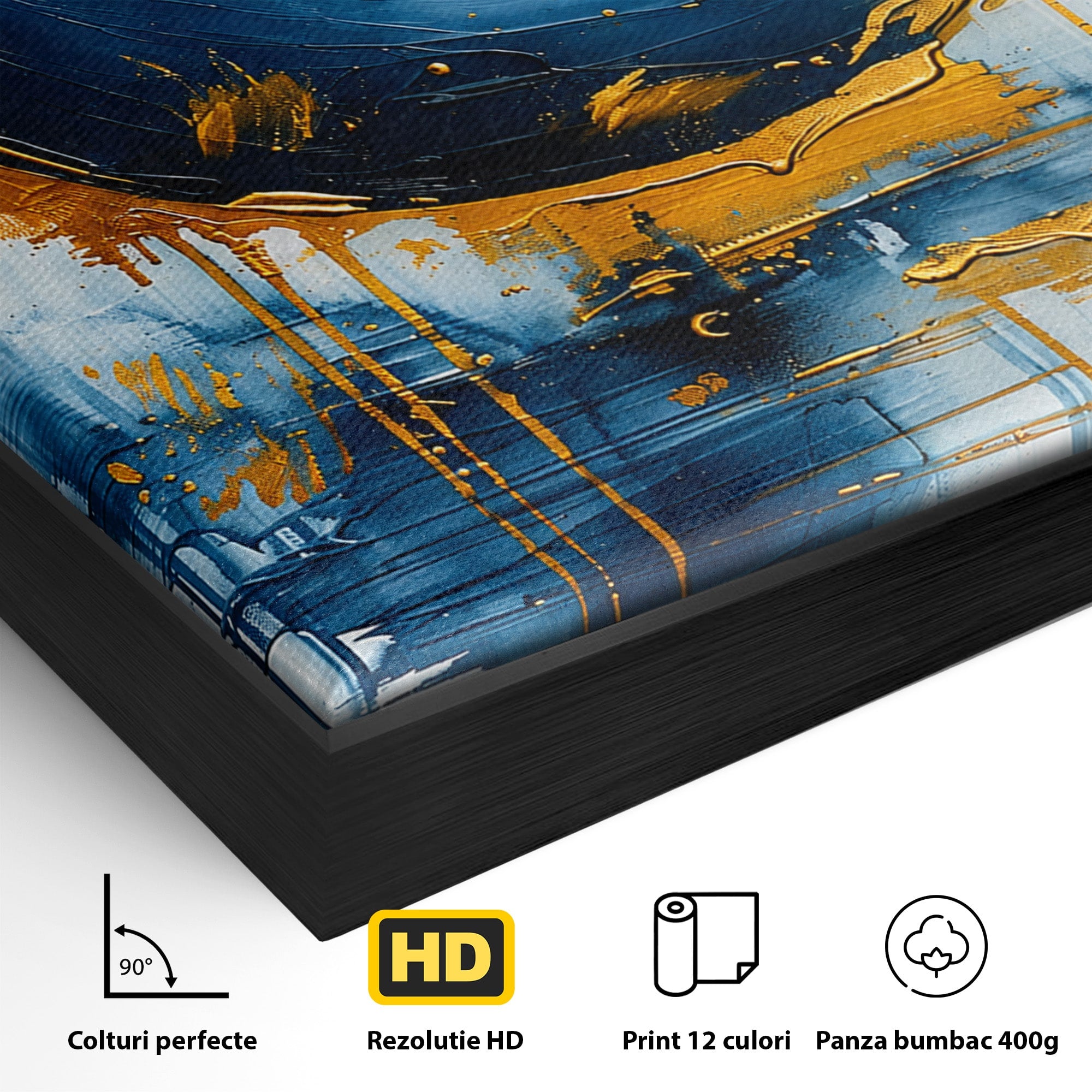 Tablou Canvas Premium LuxCanva® C1401, Luna Aurie, Luna, Abstract, Auriu, Albastru, Living, Dormitor, Culori Vibrante