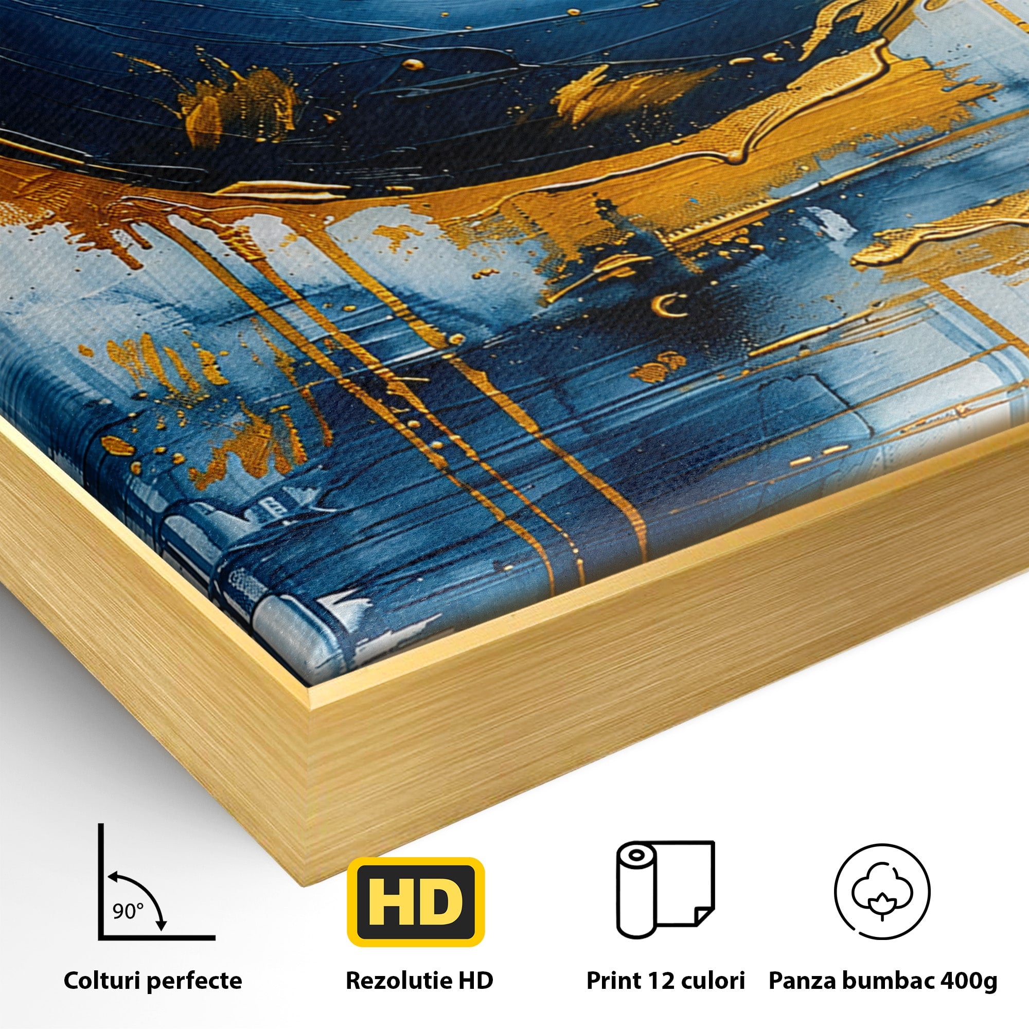 Tablou Canvas Premium LuxCanva® C1401, Luna Aurie, Luna, Abstract, Auriu, Albastru, Living, Dormitor, Culori Vibrante