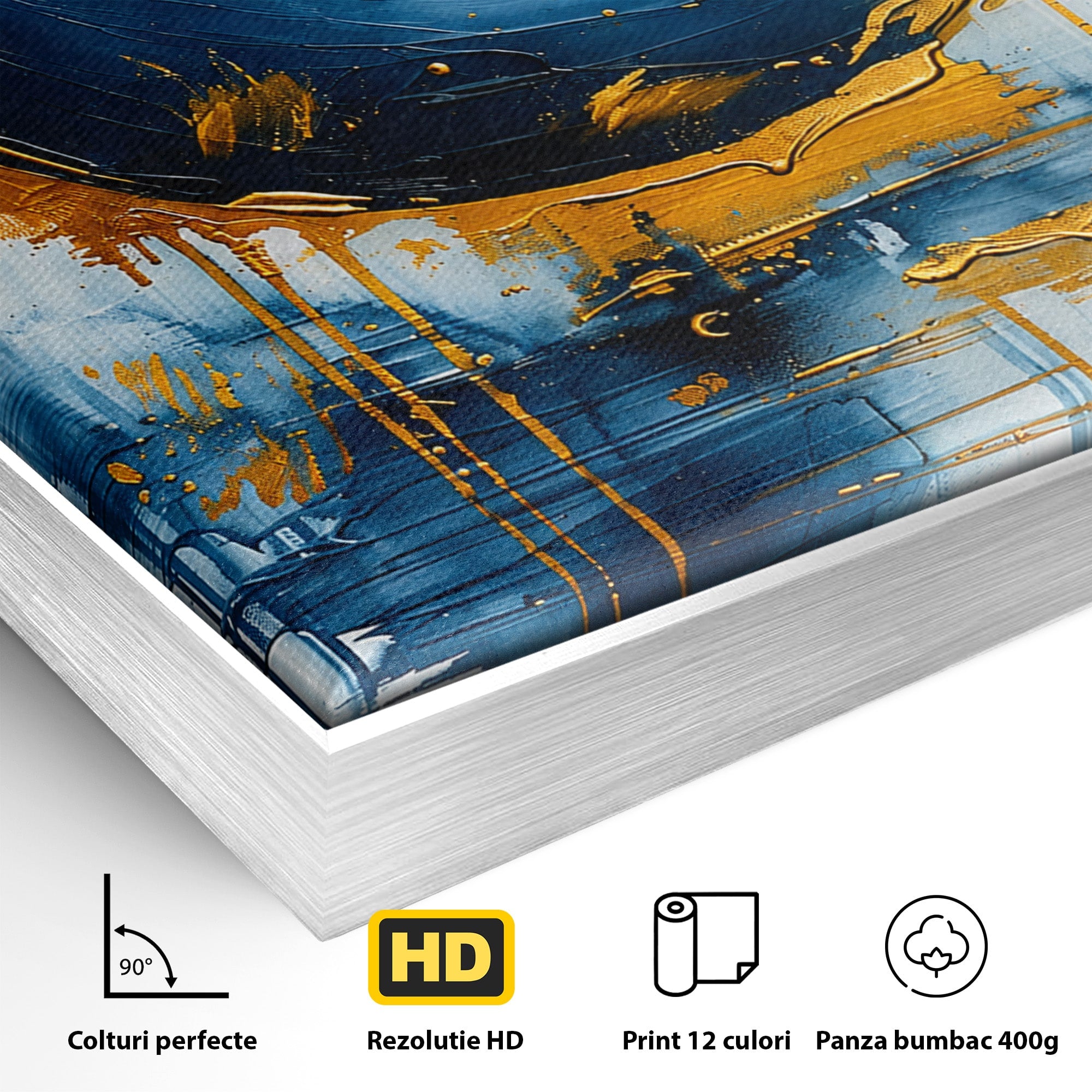 Tablou Canvas Premium LuxCanva® C1401, Luna Aurie, Luna, Abstract, Auriu, Albastru, Living, Dormitor, Culori Vibrante