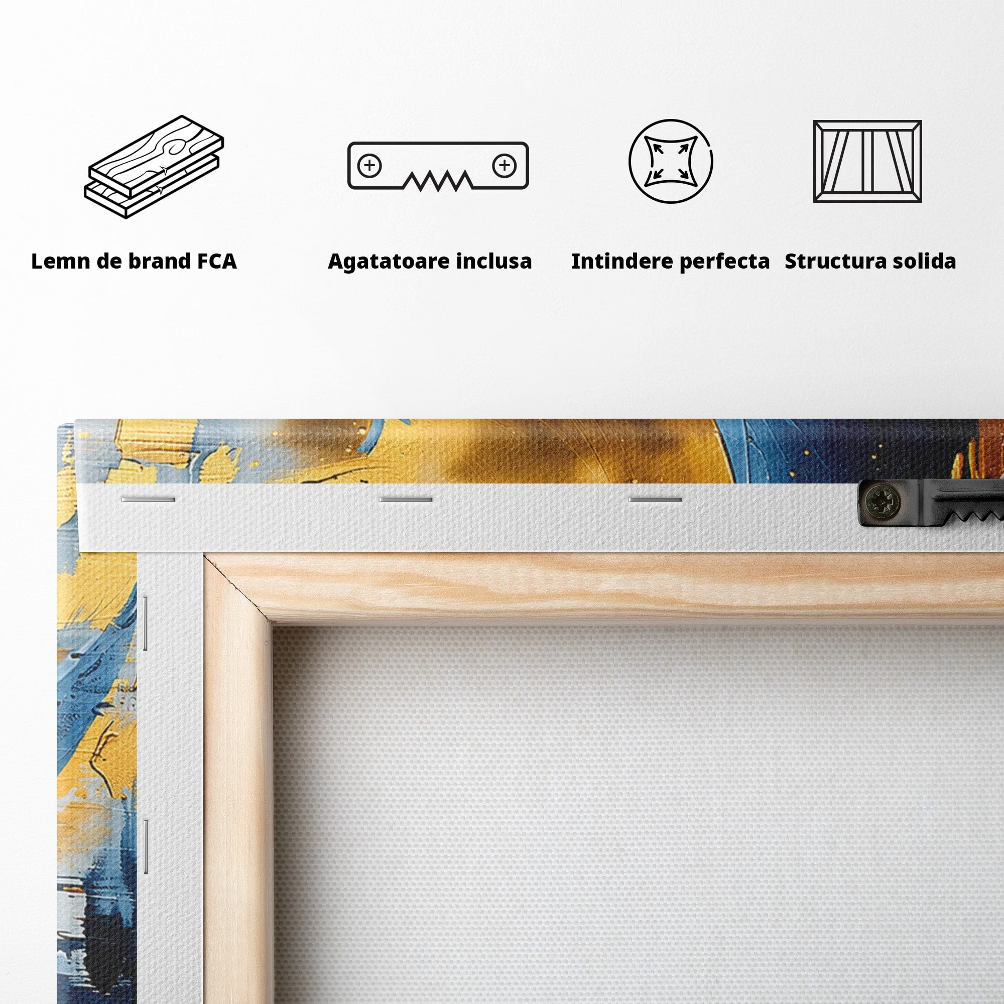 Tablou Canvas Premium LuxCanva® C1401, Luna Aurie, Luna, Abstract, Auriu, Albastru, Living, Dormitor, Culori Vibrante