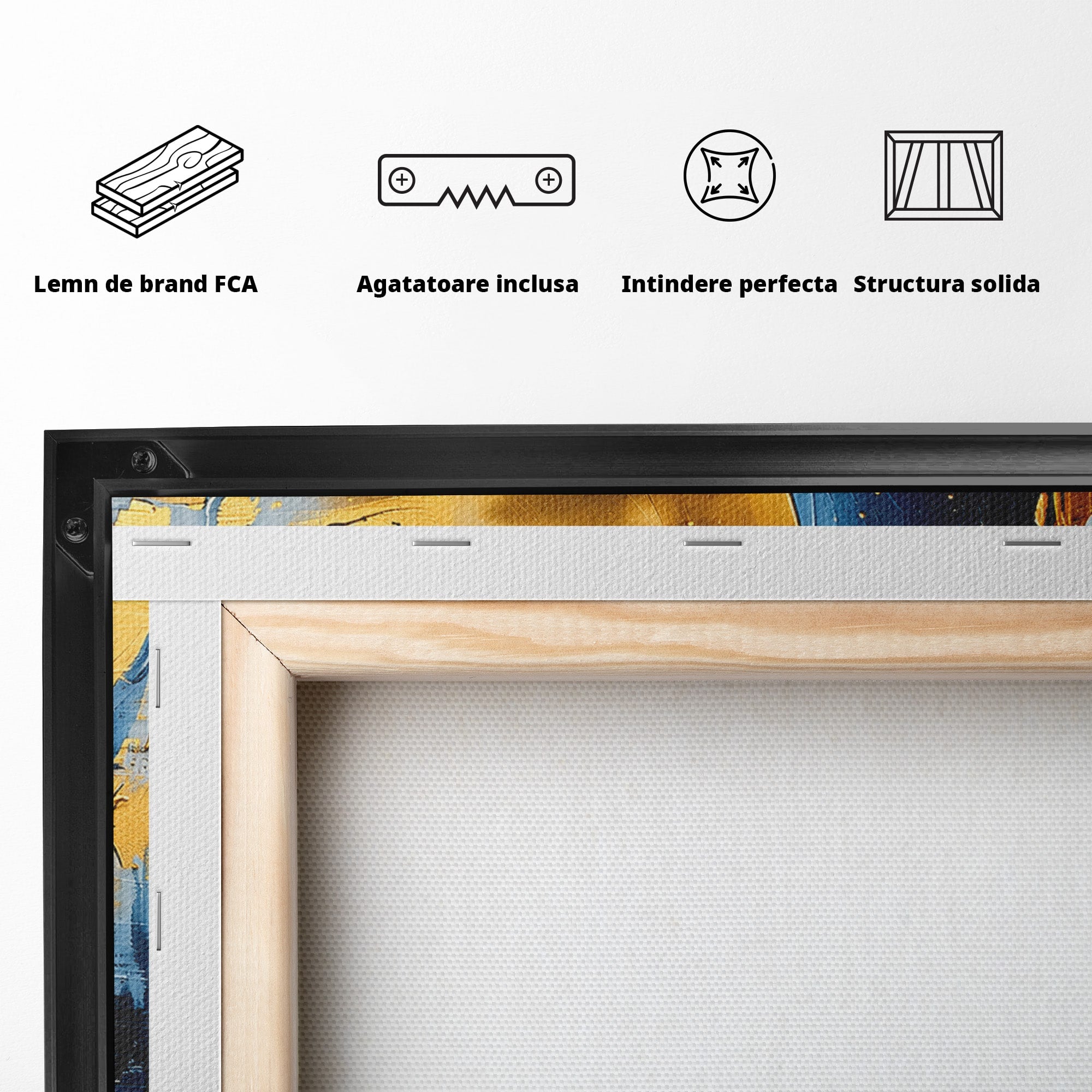 Tablou Canvas Premium LuxCanva® C1401, Luna Aurie, Luna, Abstract, Auriu, Albastru, Living, Dormitor, Culori Vibrante