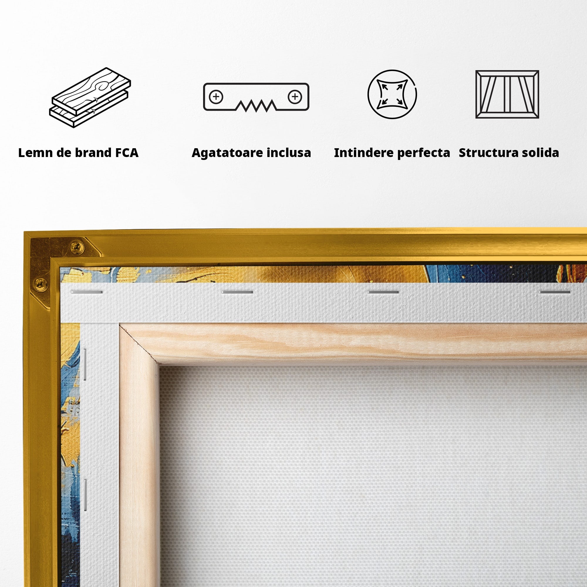 Tablou Canvas Premium LuxCanva® C1401, Luna Aurie, Luna, Abstract, Auriu, Albastru, Living, Dormitor, Culori Vibrante