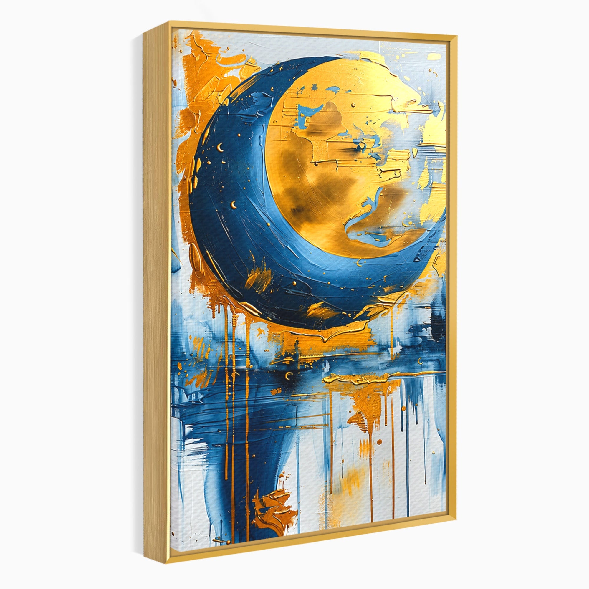 Tablou Canvas Premium LuxCanva® C1401, Luna Aurie, Luna, Abstract, Auriu, Albastru, Living, Dormitor, Culori Vibrante