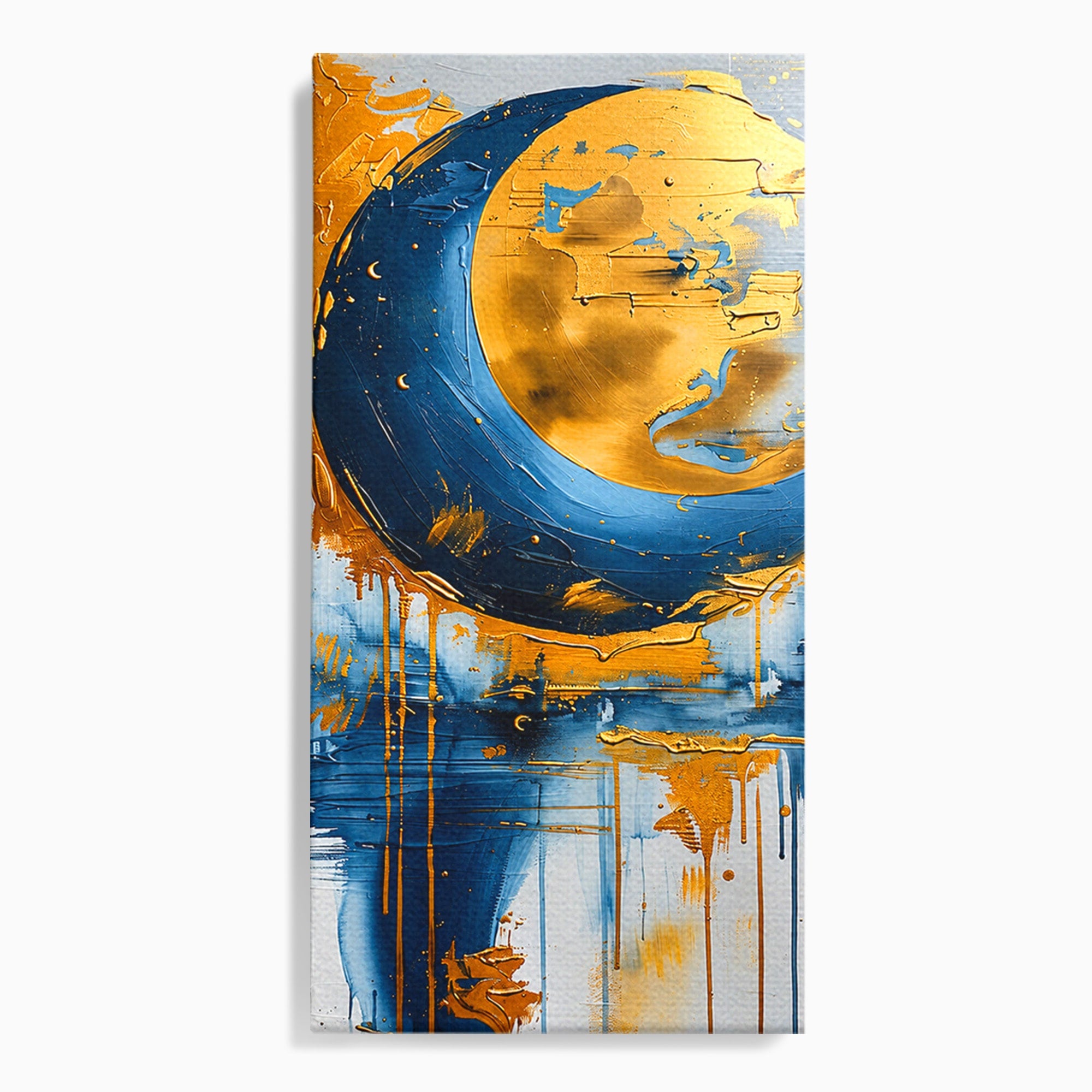 Tablou Canvas Premium LuxCanva® C1401, Luna Aurie, Luna, Abstract, Auriu, Albastru, Living, Dormitor, Culori Vibrante