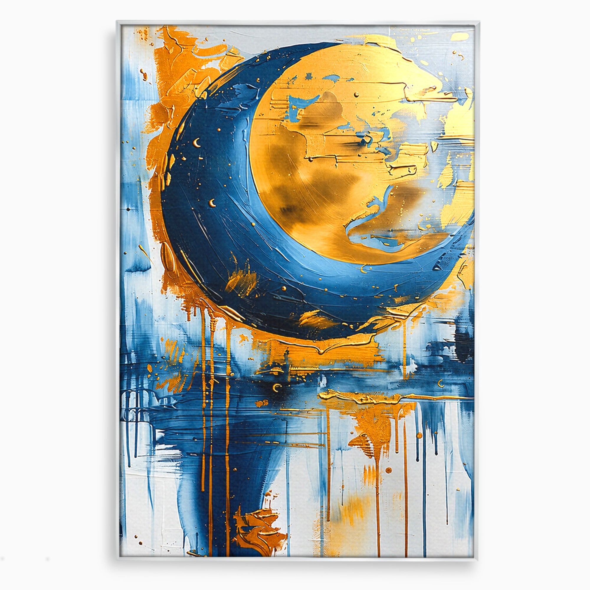 Tablou Canvas Premium LuxCanva® C1401, Luna Aurie, Luna, Abstract, Auriu, Albastru, Living, Dormitor, Culori Vibrante