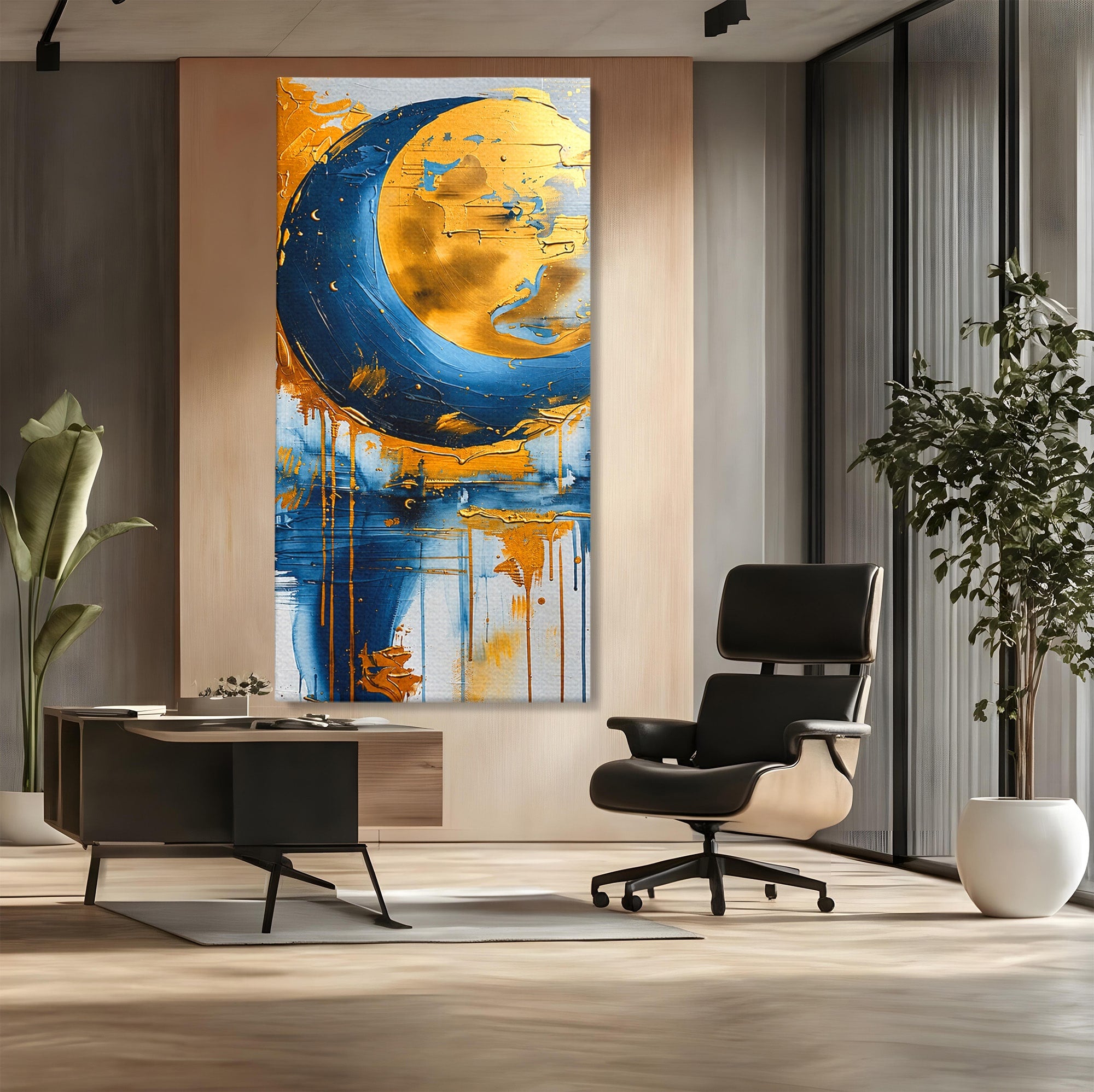 Tablou Canvas Premium LuxCanva® C1401, Luna Aurie, Luna, Abstract, Auriu, Albastru, Living, Dormitor, Culori Vibrante