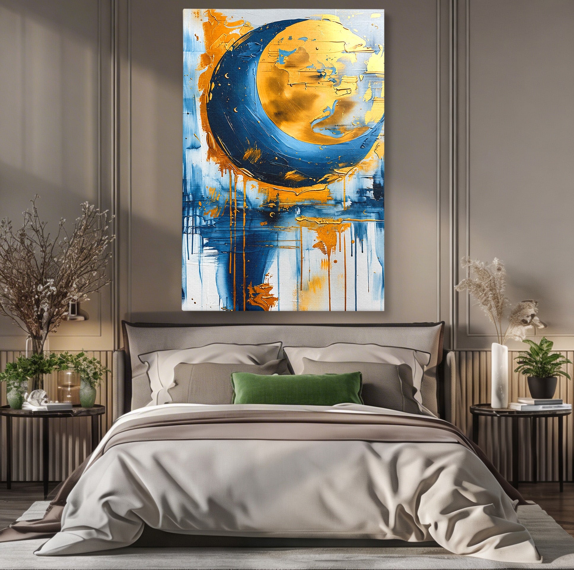 Tablou Canvas Premium LuxCanva® C1401, Luna Aurie, Luna, Abstract, Auriu, Albastru, Living, Dormitor, Culori Vibrante
