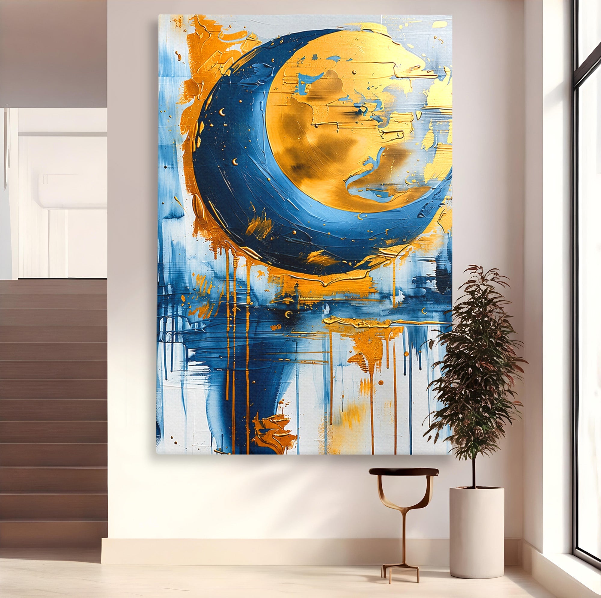 Tablou Canvas Premium LuxCanva® C1401, Luna Aurie, Luna, Abstract, Auriu, Albastru, Living, Dormitor, Culori Vibrante