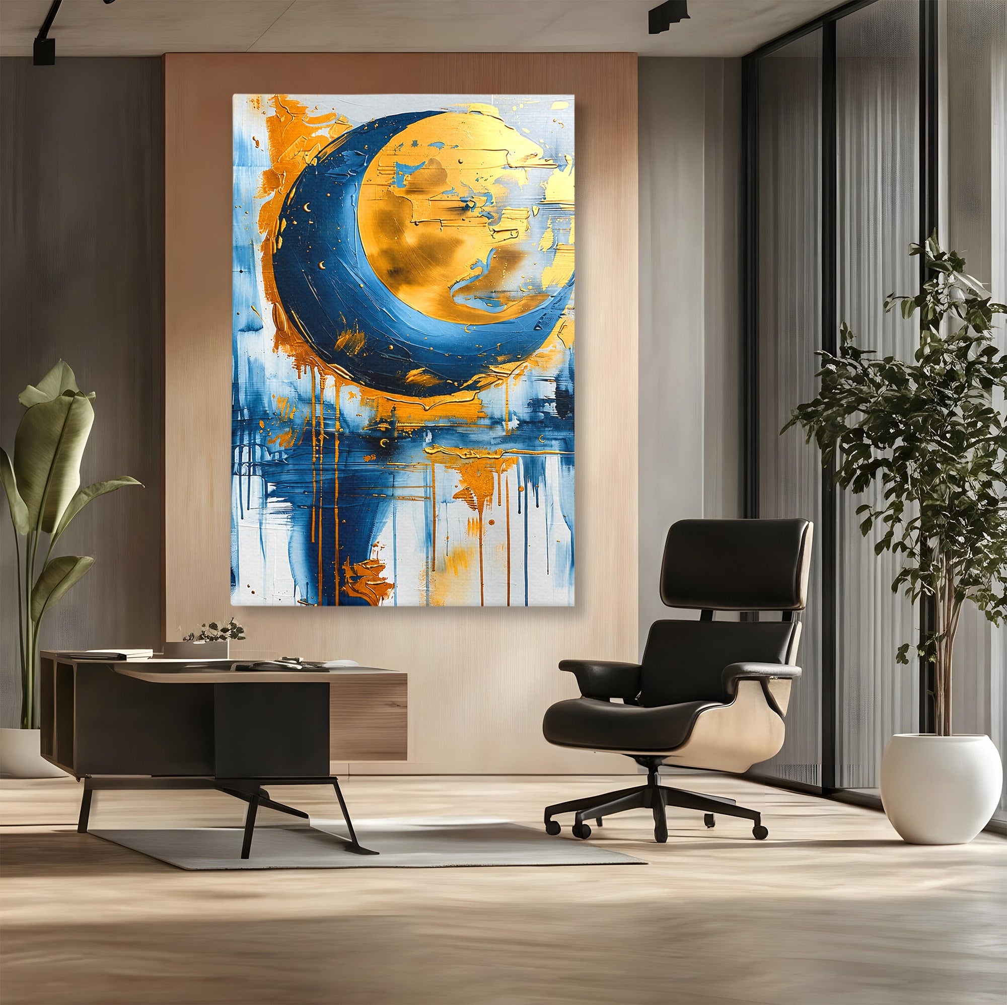 Tablou Canvas Premium LuxCanva® C1401, Luna Aurie, Luna, Abstract, Auriu, Albastru, Living, Dormitor, Culori Vibrante