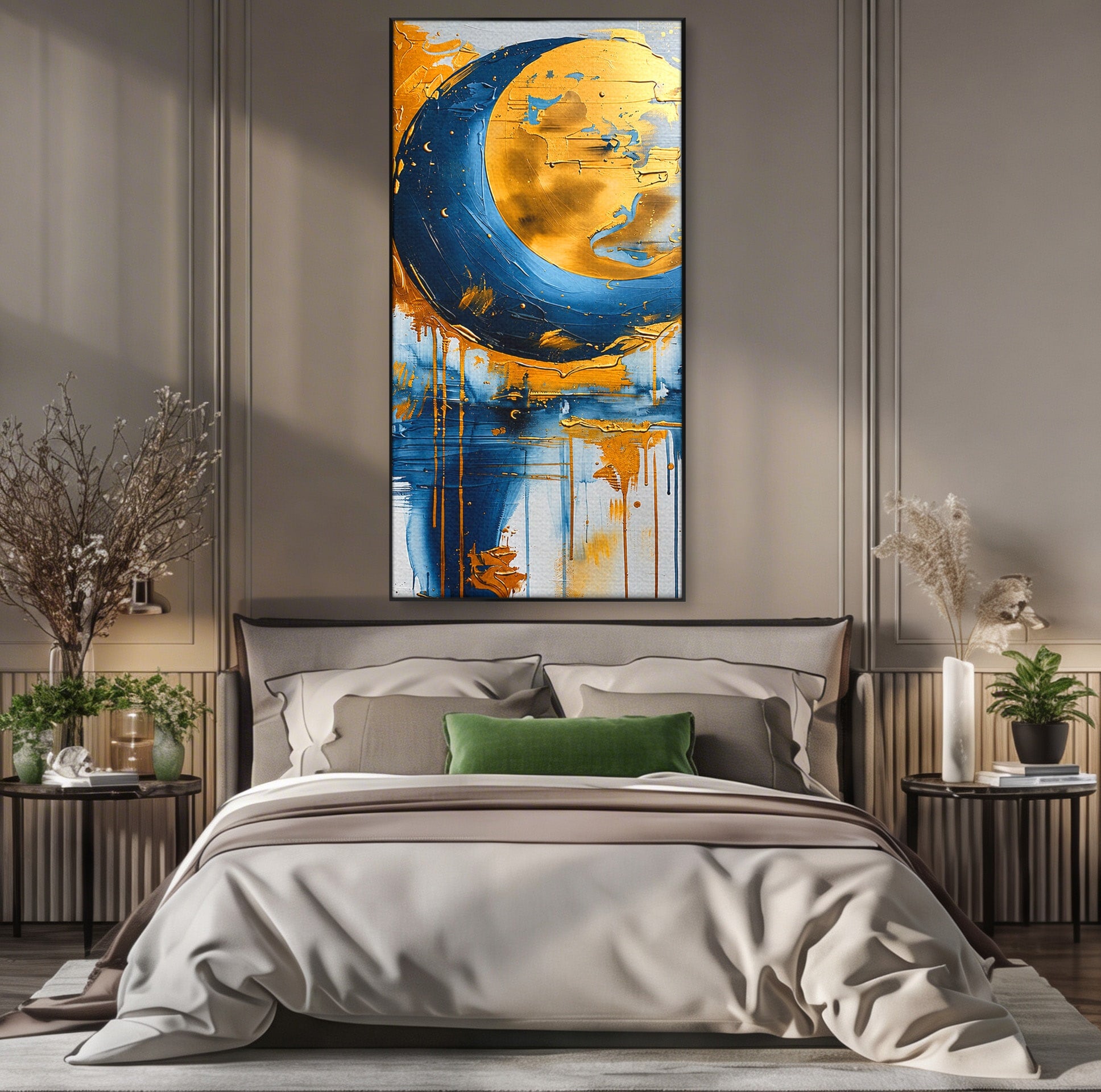 Tablou Canvas Premium LuxCanva® C1401, Luna Aurie, Luna, Abstract, Auriu, Albastru, Living, Dormitor, Culori Vibrante