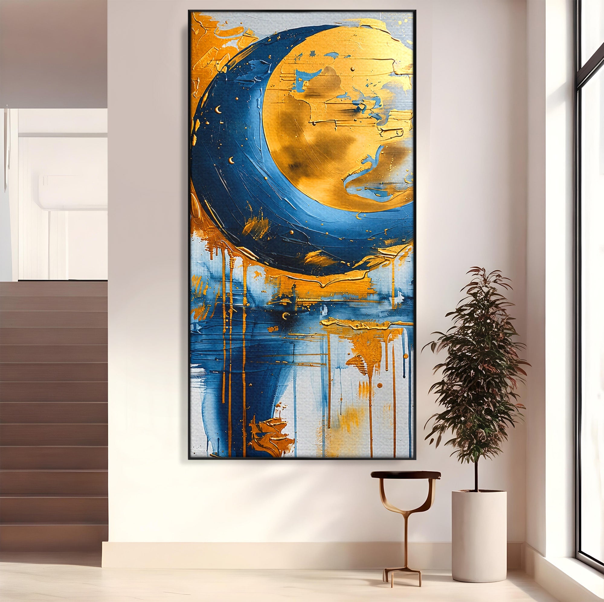 Tablou Canvas Premium LuxCanva® C1401, Luna Aurie, Luna, Abstract, Auriu, Albastru, Living, Dormitor, Culori Vibrante