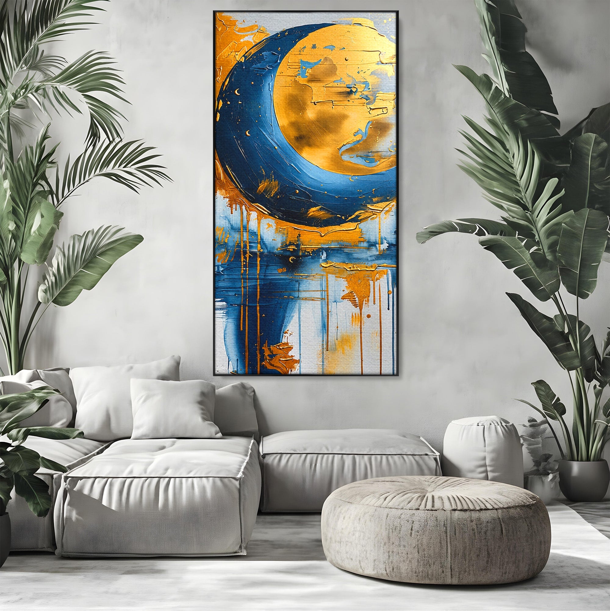 Tablou Canvas Premium LuxCanva® C1401, Luna Aurie, Luna, Abstract, Auriu, Albastru, Living, Dormitor, Culori Vibrante