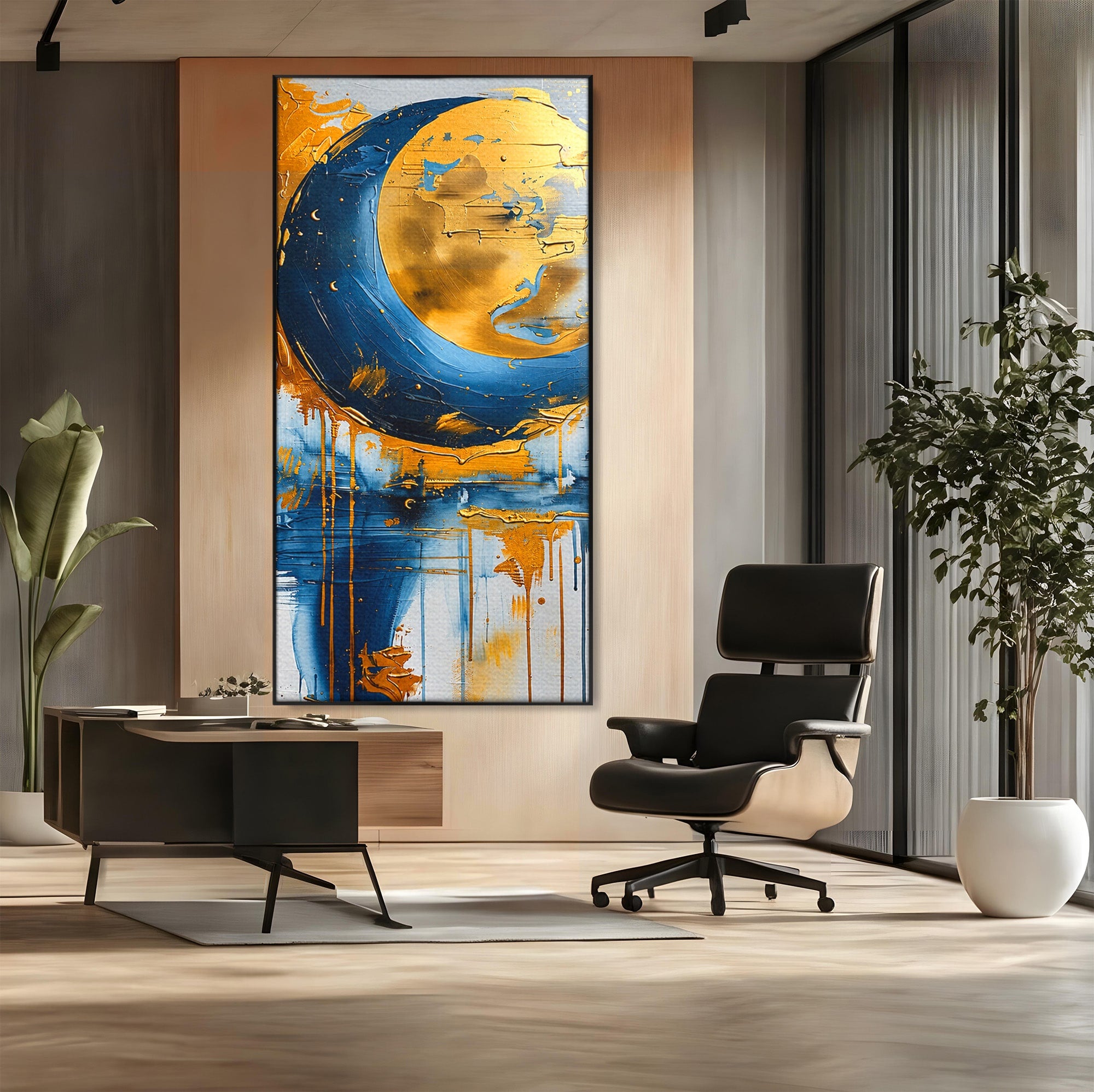Tablou Canvas Premium LuxCanva® C1401, Luna Aurie, Luna, Abstract, Auriu, Albastru, Living, Dormitor, Culori Vibrante