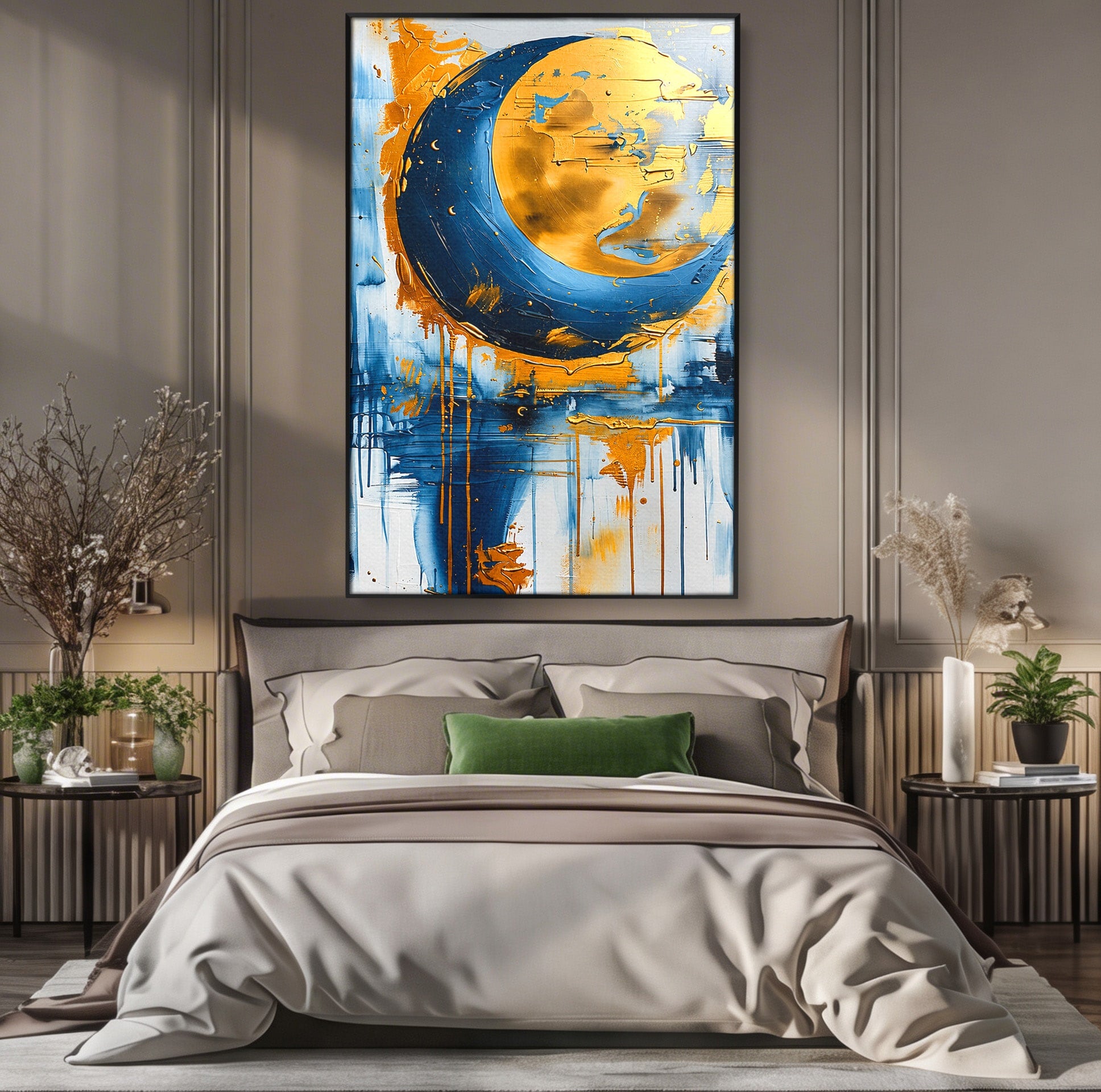 Tablou Canvas Premium LuxCanva® C1401, Luna Aurie, Luna, Abstract, Auriu, Albastru, Living, Dormitor, Culori Vibrante