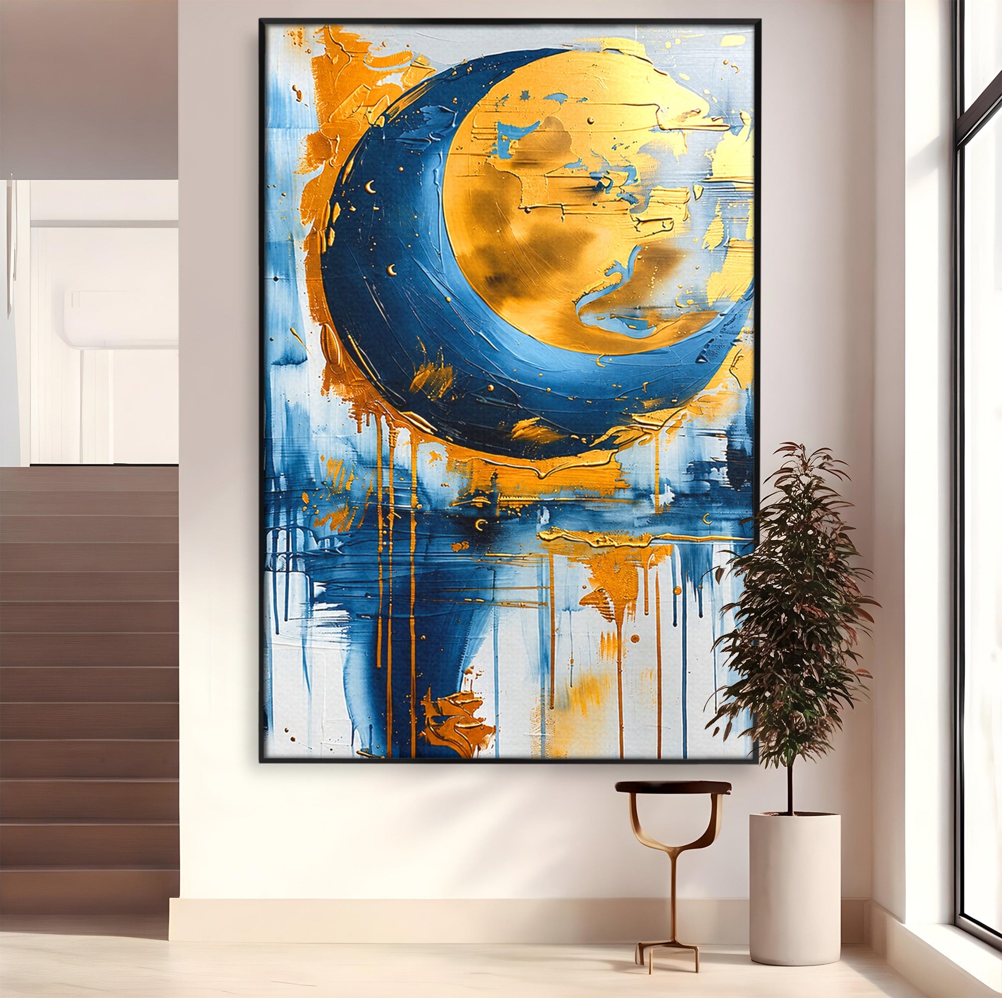 Tablou Canvas Premium LuxCanva® C1401, Luna Aurie, Luna, Abstract, Auriu, Albastru, Living, Dormitor, Culori Vibrante