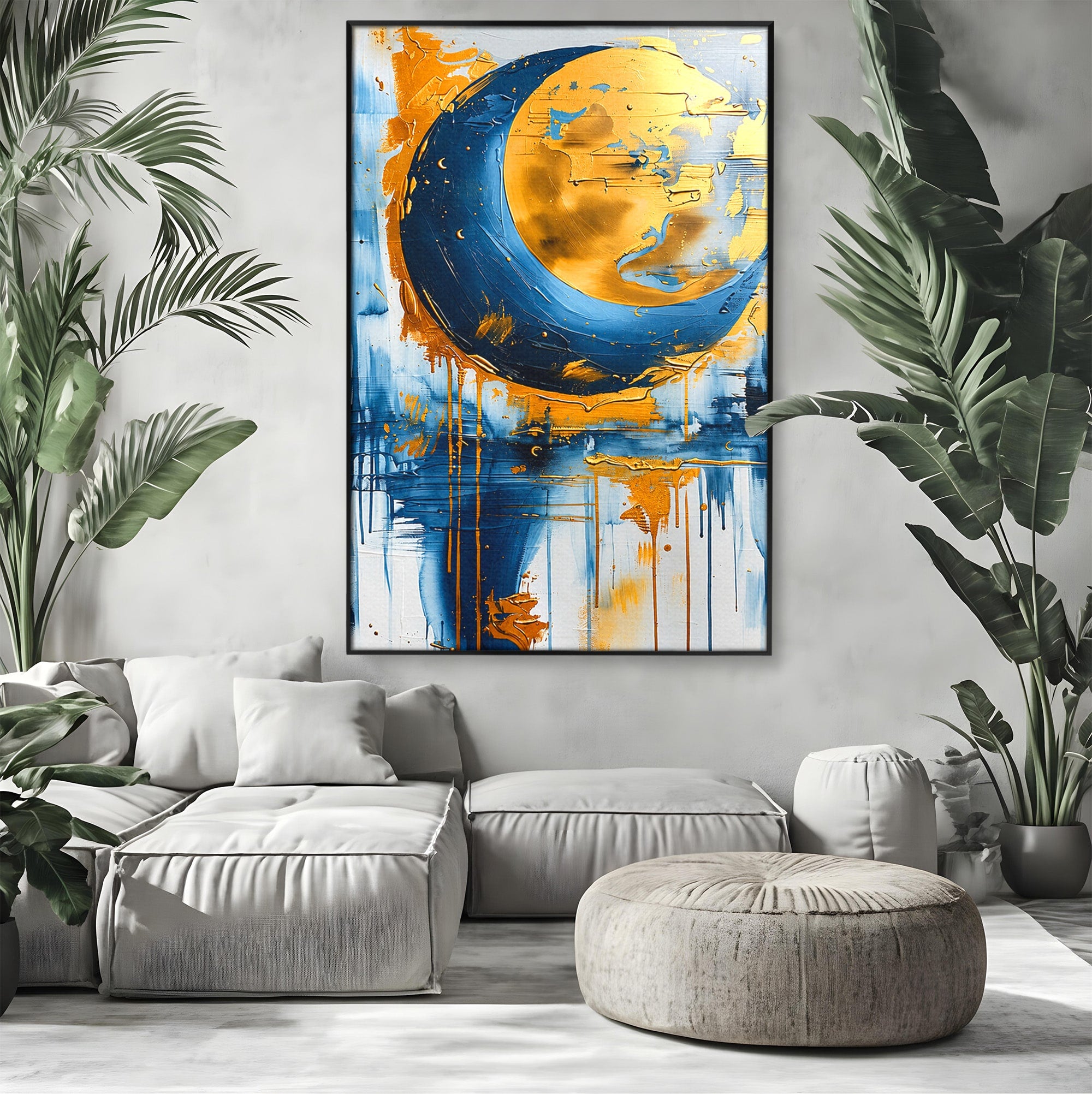 Tablou Canvas Premium LuxCanva® C1401, Luna Aurie, Luna, Abstract, Auriu, Albastru, Living, Dormitor, Culori Vibrante