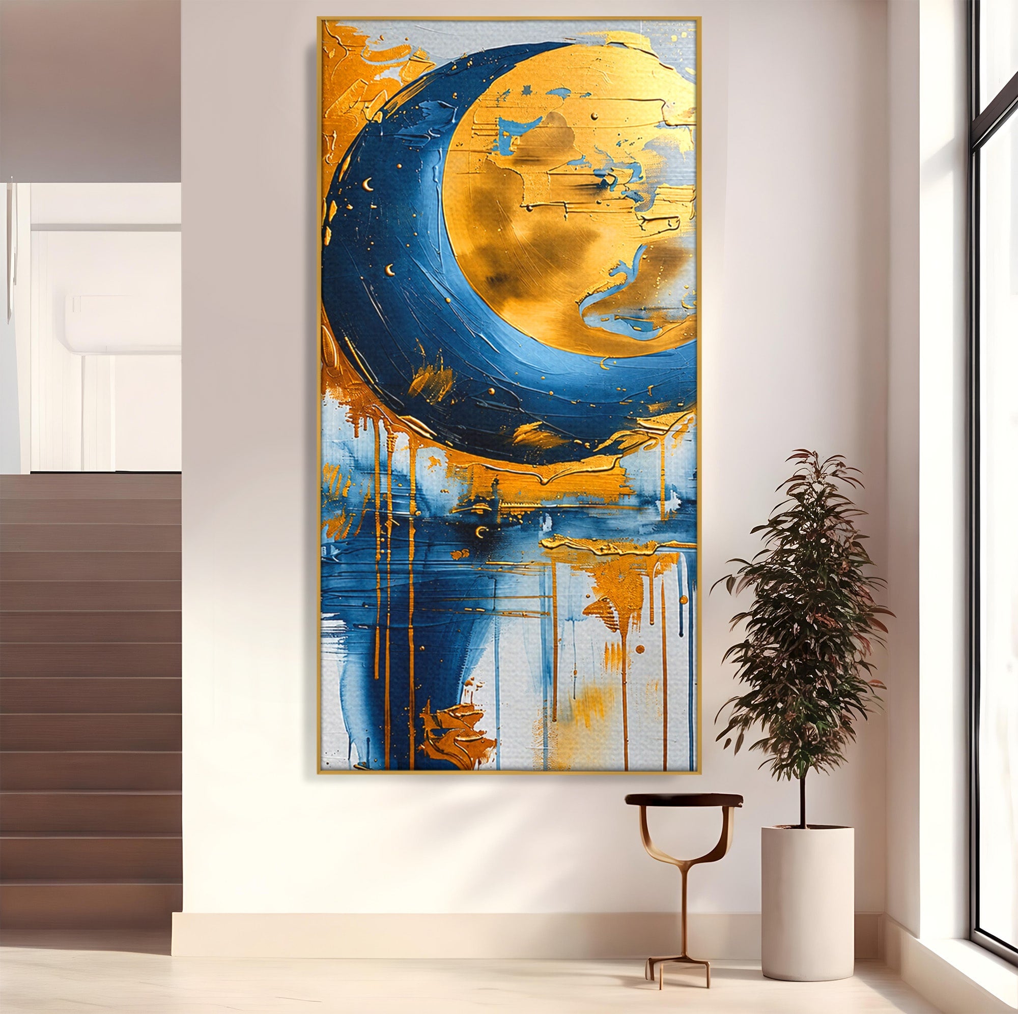 Tablou Canvas Premium LuxCanva® C1401, Luna Aurie, Luna, Abstract, Auriu, Albastru, Living, Dormitor, Culori Vibrante