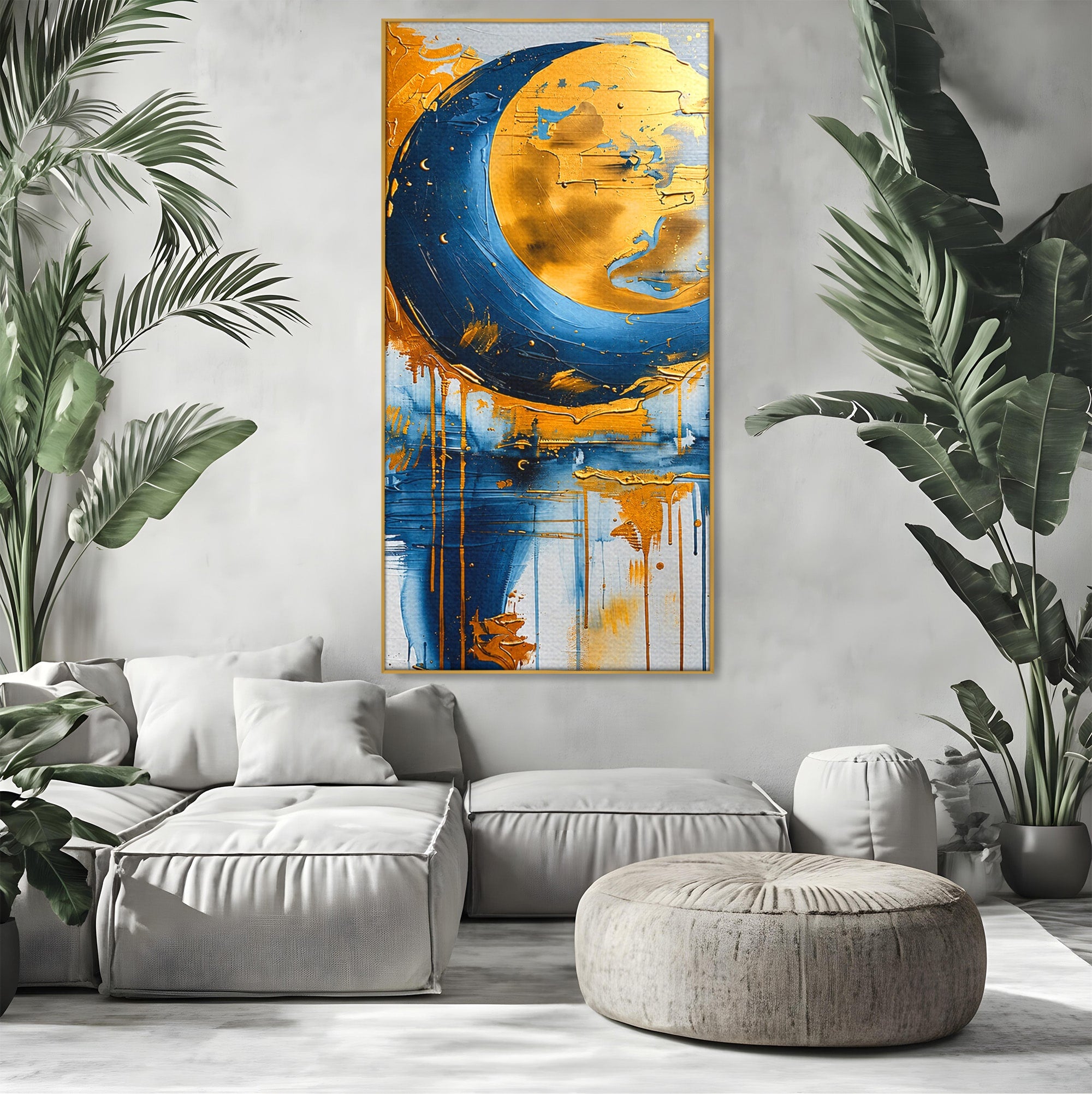 Tablou Canvas Premium LuxCanva® C1401, Luna Aurie, Luna, Abstract, Auriu, Albastru, Living, Dormitor, Culori Vibrante