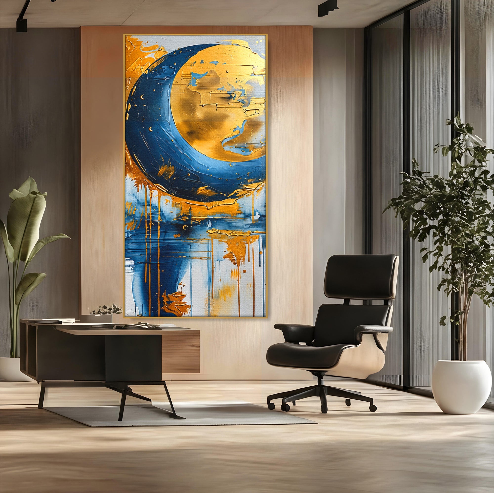 Tablou Canvas Premium LuxCanva® C1401, Luna Aurie, Luna, Abstract, Auriu, Albastru, Living, Dormitor, Culori Vibrante
