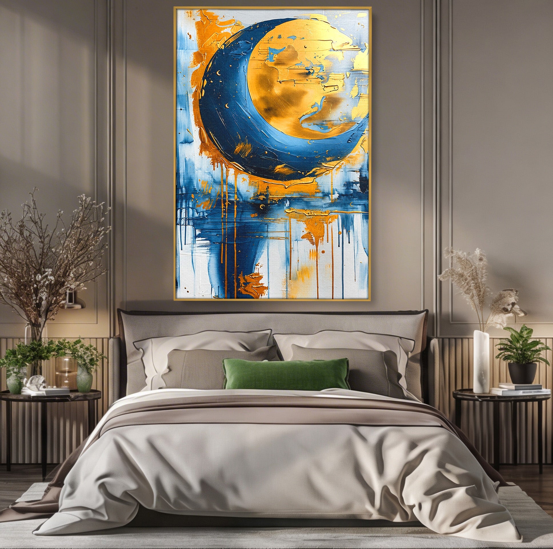 Tablou Canvas Premium LuxCanva® C1401, Luna Aurie, Luna, Abstract, Auriu, Albastru, Living, Dormitor, Culori Vibrante