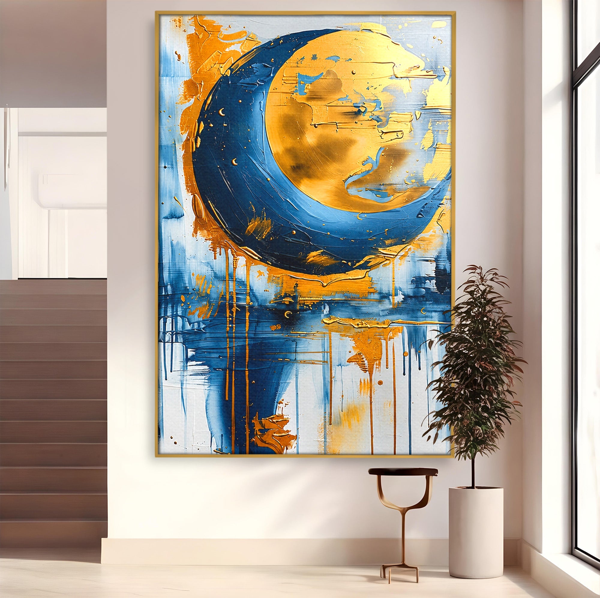 Tablou Canvas Premium LuxCanva® C1401, Luna Aurie, Luna, Abstract, Auriu, Albastru, Living, Dormitor, Culori Vibrante