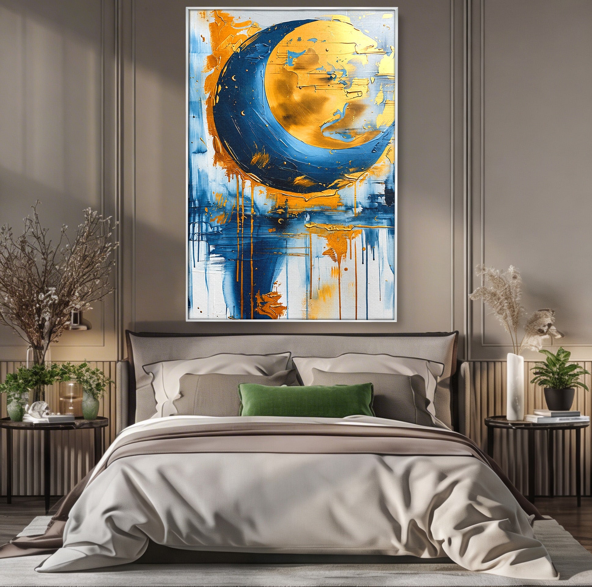 Tablou Canvas Premium LuxCanva® C1401, Luna Aurie, Luna, Abstract, Auriu, Albastru, Living, Dormitor, Culori Vibrante
