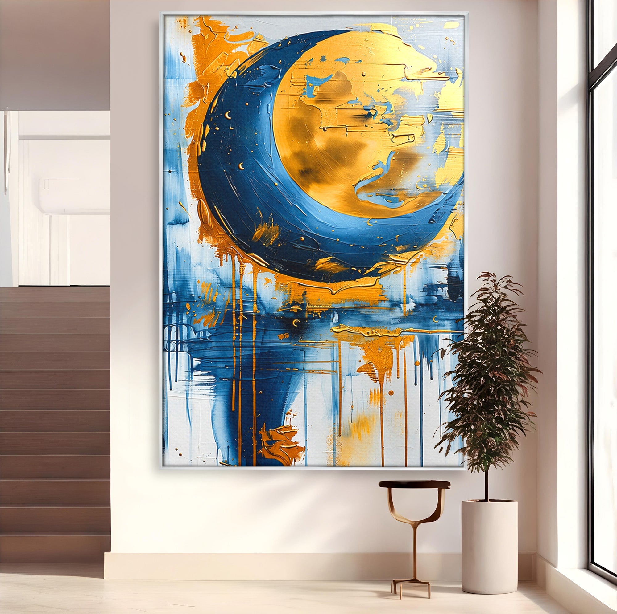 Tablou Canvas Premium LuxCanva® C1401, Luna Aurie, Luna, Abstract, Auriu, Albastru, Living, Dormitor, Culori Vibrante
