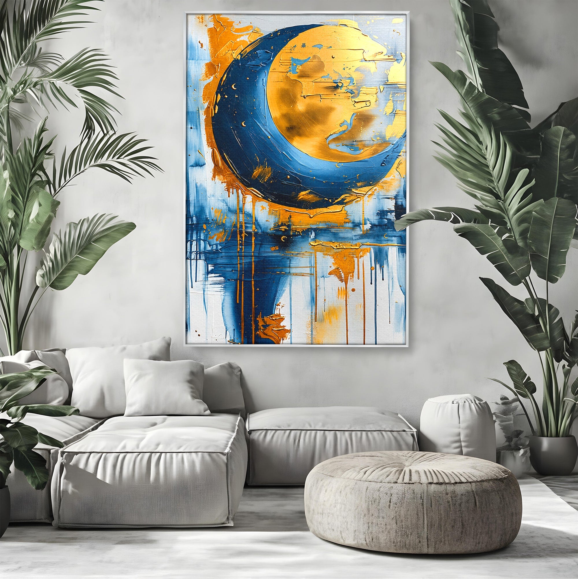 Tablou Canvas Premium LuxCanva® C1401, Luna Aurie, Luna, Abstract, Auriu, Albastru, Living, Dormitor, Culori Vibrante