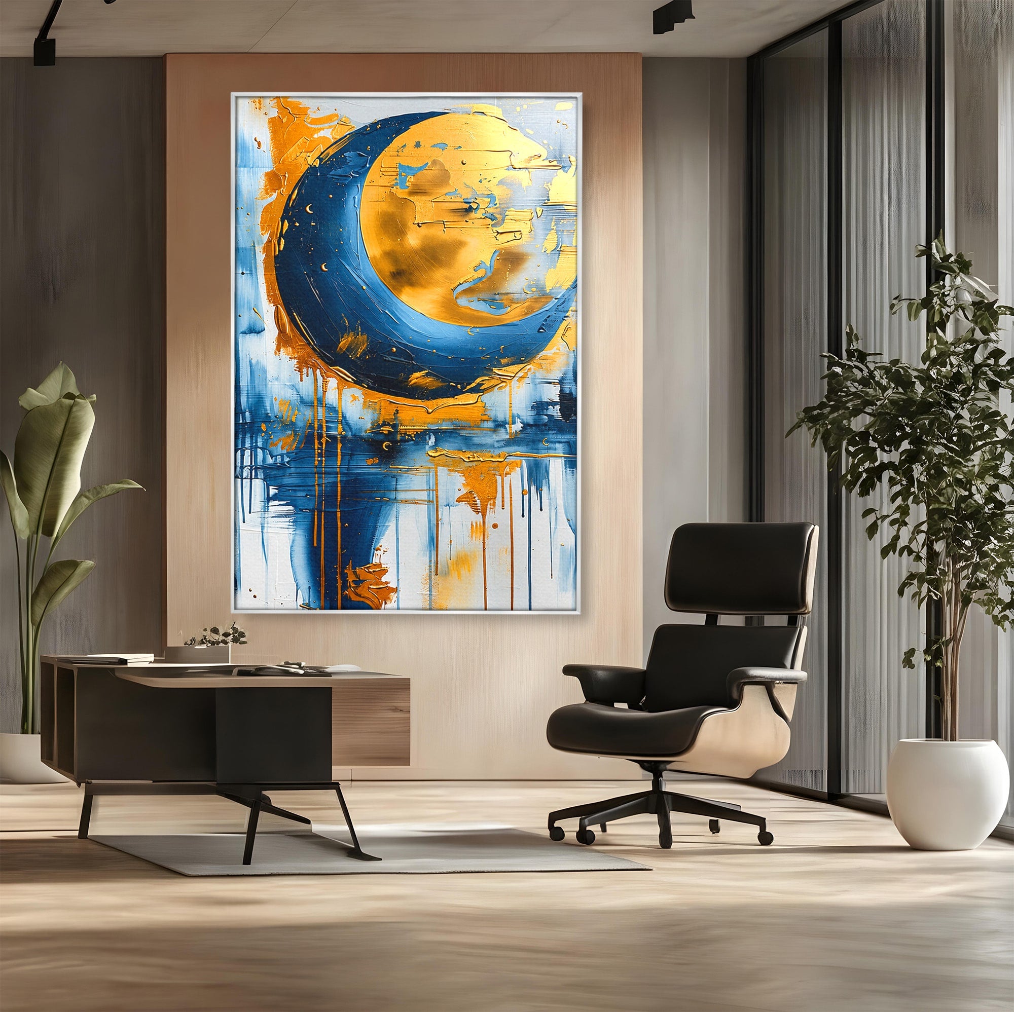 Tablou Canvas Premium LuxCanva® C1401, Luna Aurie, Luna, Abstract, Auriu, Albastru, Living, Dormitor, Culori Vibrante