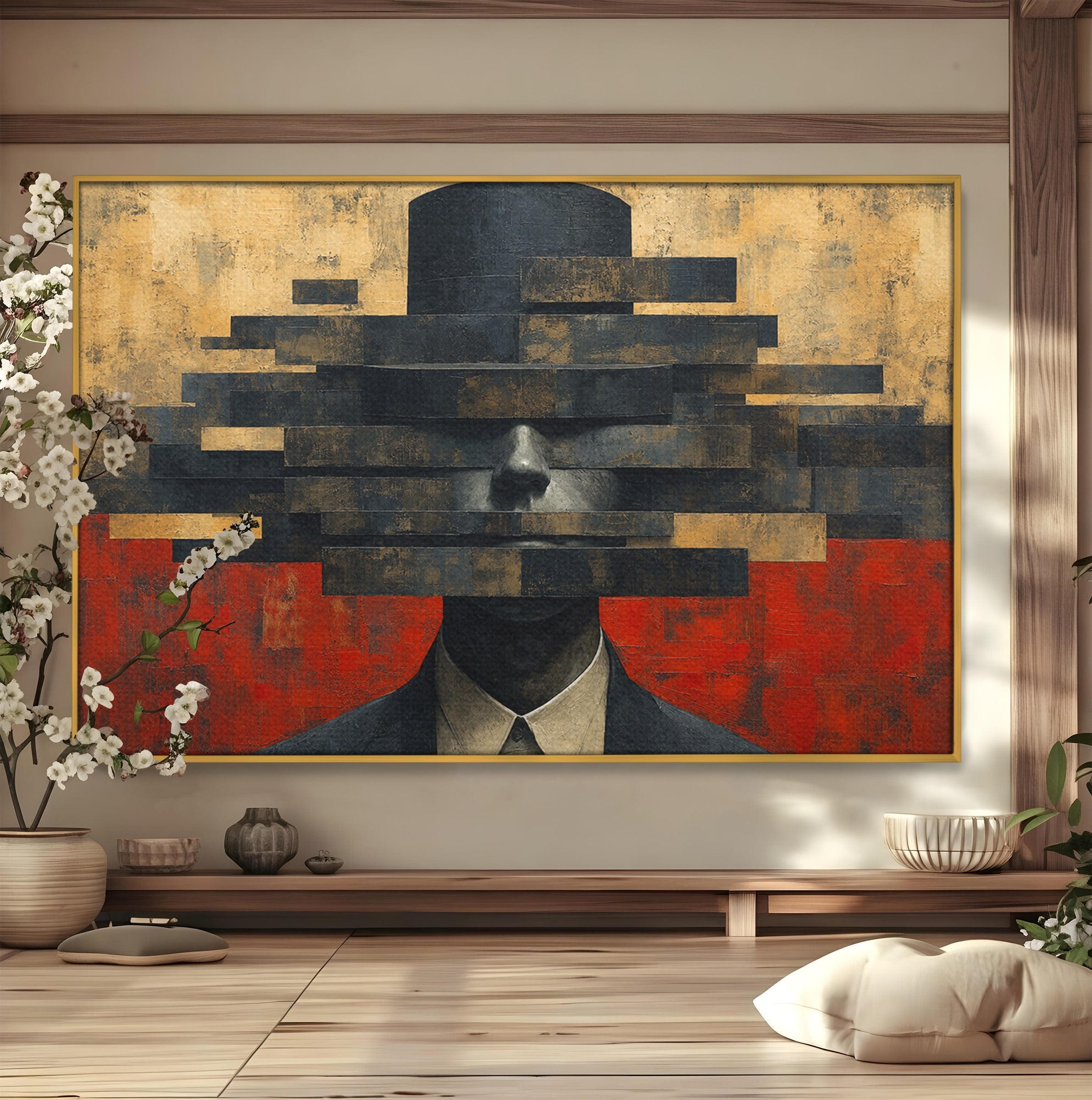 Tablou Canvas Premium LuxCanva® C1402, Omul Cu Palarie Abstracta, Om, Abstract, Palarie, Portret, Birou, Culori Vibrante