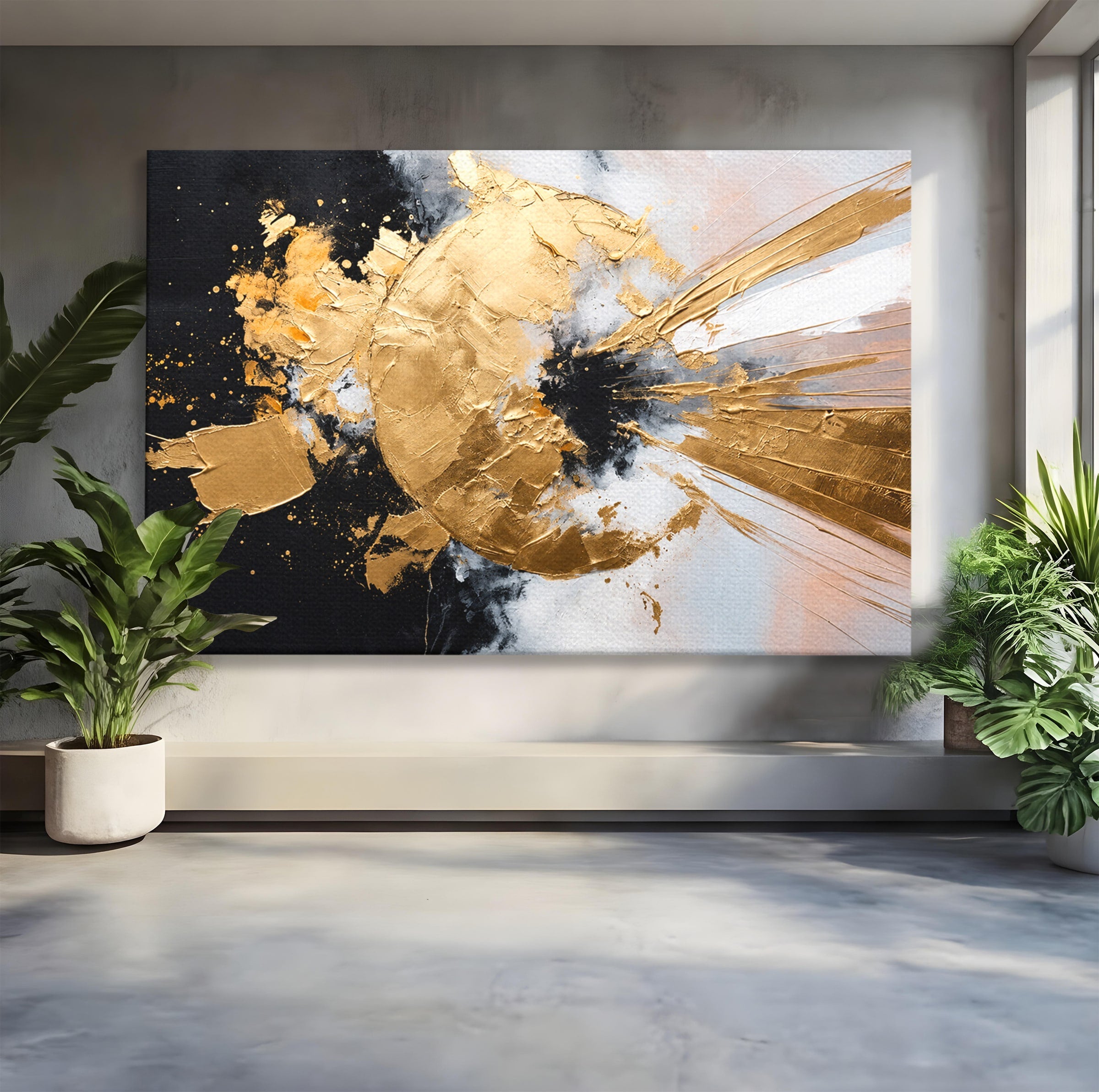 Tablou Canvas Premium LuxCanva® C1406, Explozie De Aur, Abstract, Modern, Energetic, Birou, Living, Culori Vibrante