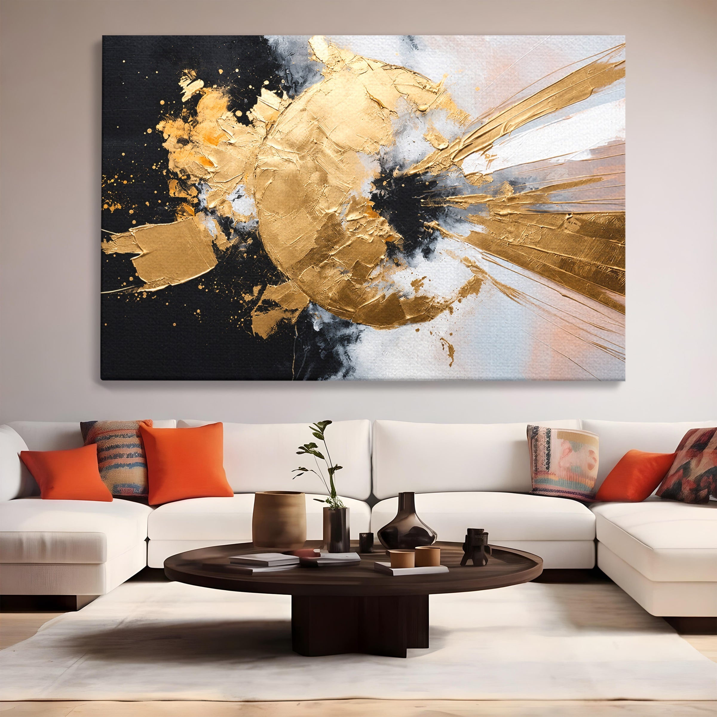 Tablou Canvas Premium LuxCanva® C1406, Explozie De Aur, Abstract, Modern, Energetic, Birou, Living, Culori Vibrante