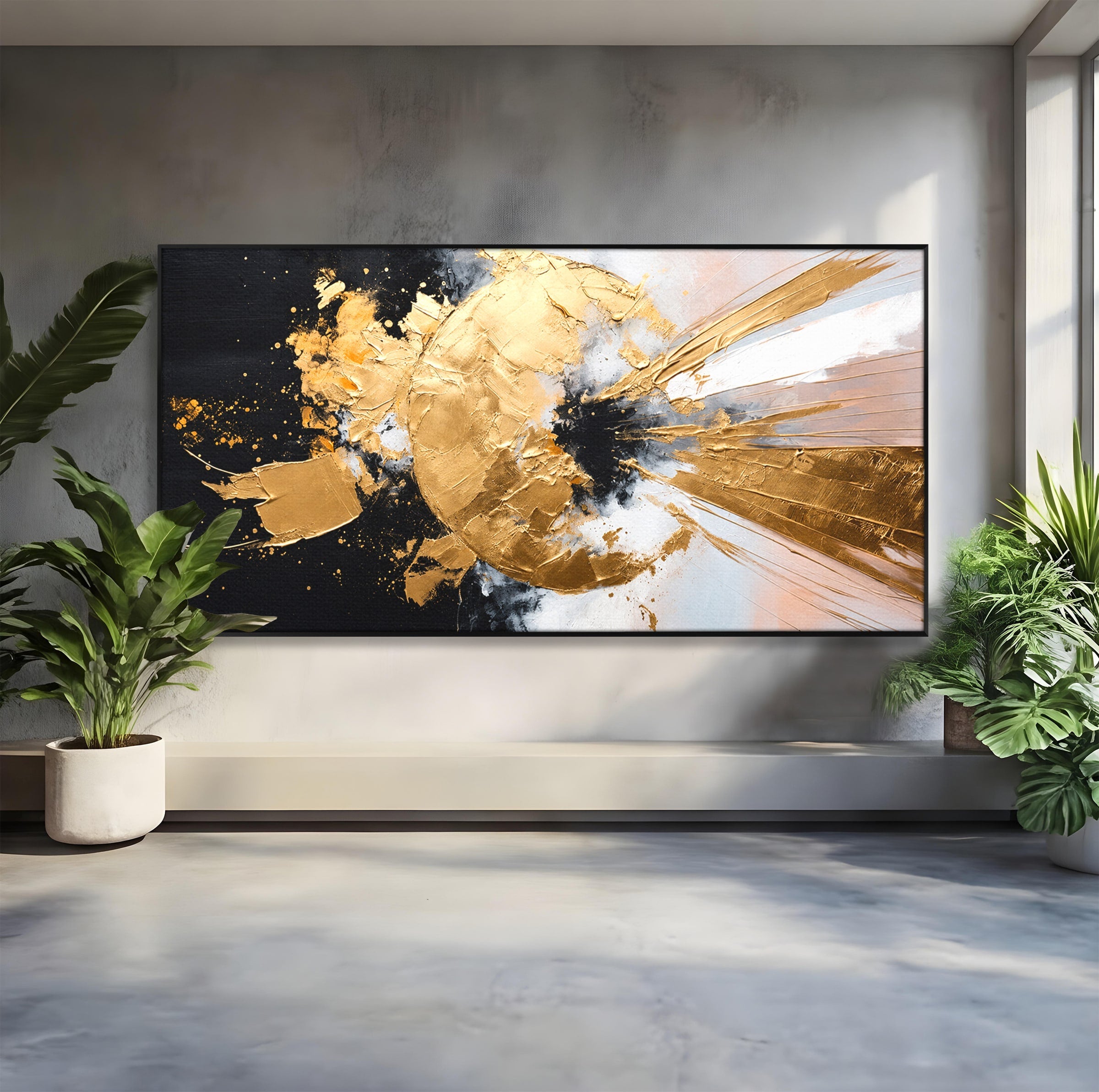 Tablou Canvas Premium LuxCanva® C1406, Explozie De Aur, Abstract, Modern, Energetic, Birou, Living, Culori Vibrante