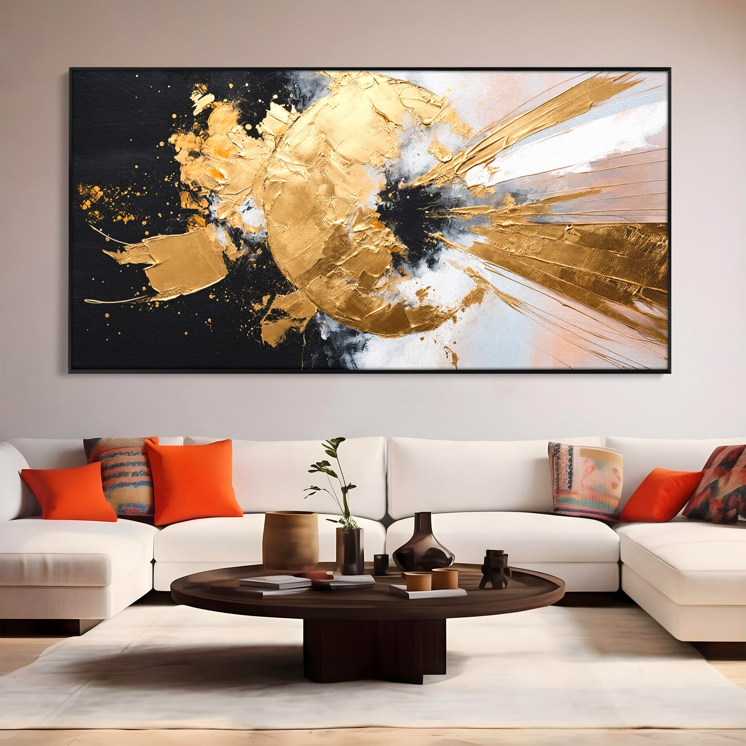 Tablou Canvas Premium LuxCanva® C1406, Explozie De Aur, Abstract, Modern, Energetic, Birou, Living, Culori Vibrante