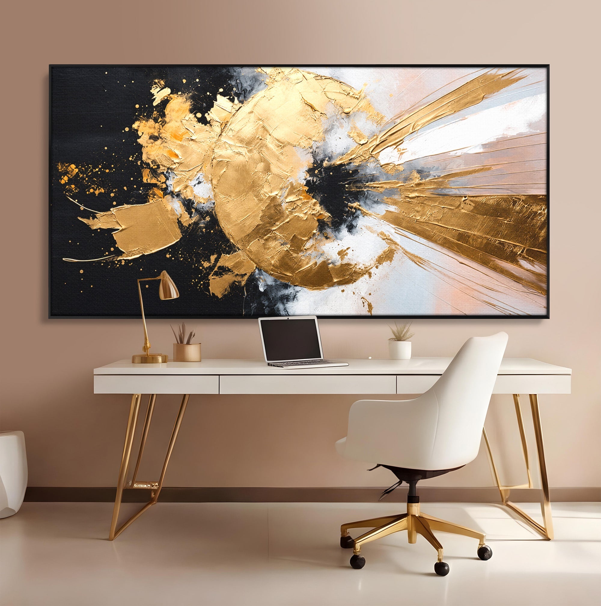 Tablou Canvas Premium LuxCanva® C1406, Explozie De Aur, Abstract, Modern, Energetic, Birou, Living, Culori Vibrante
