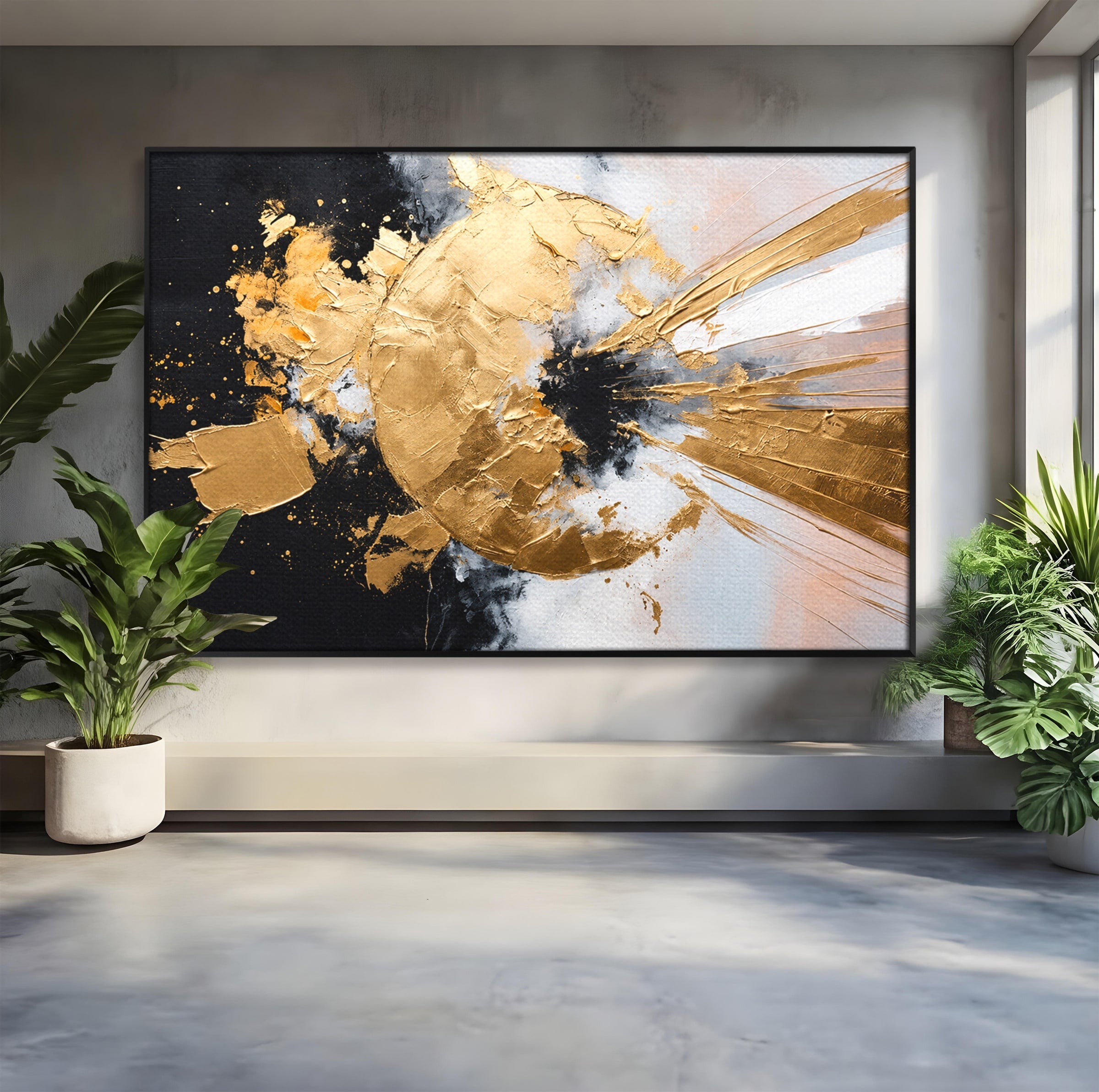 Tablou Canvas Premium LuxCanva® C1406, Explozie De Aur, Abstract, Modern, Energetic, Birou, Living, Culori Vibrante