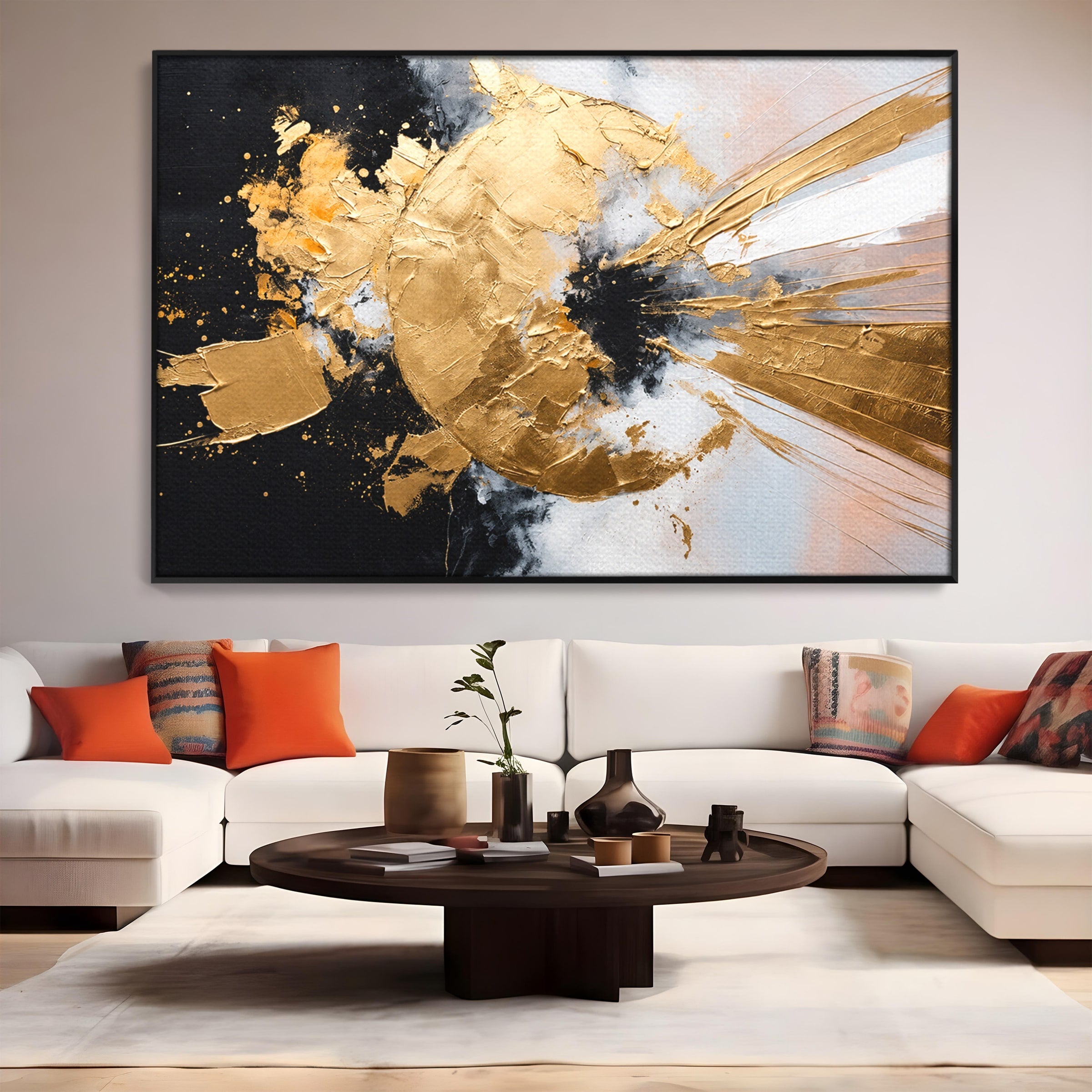 Tablou Canvas Premium LuxCanva® C1406, Explozie De Aur, Abstract, Modern, Energetic, Birou, Living, Culori Vibrante