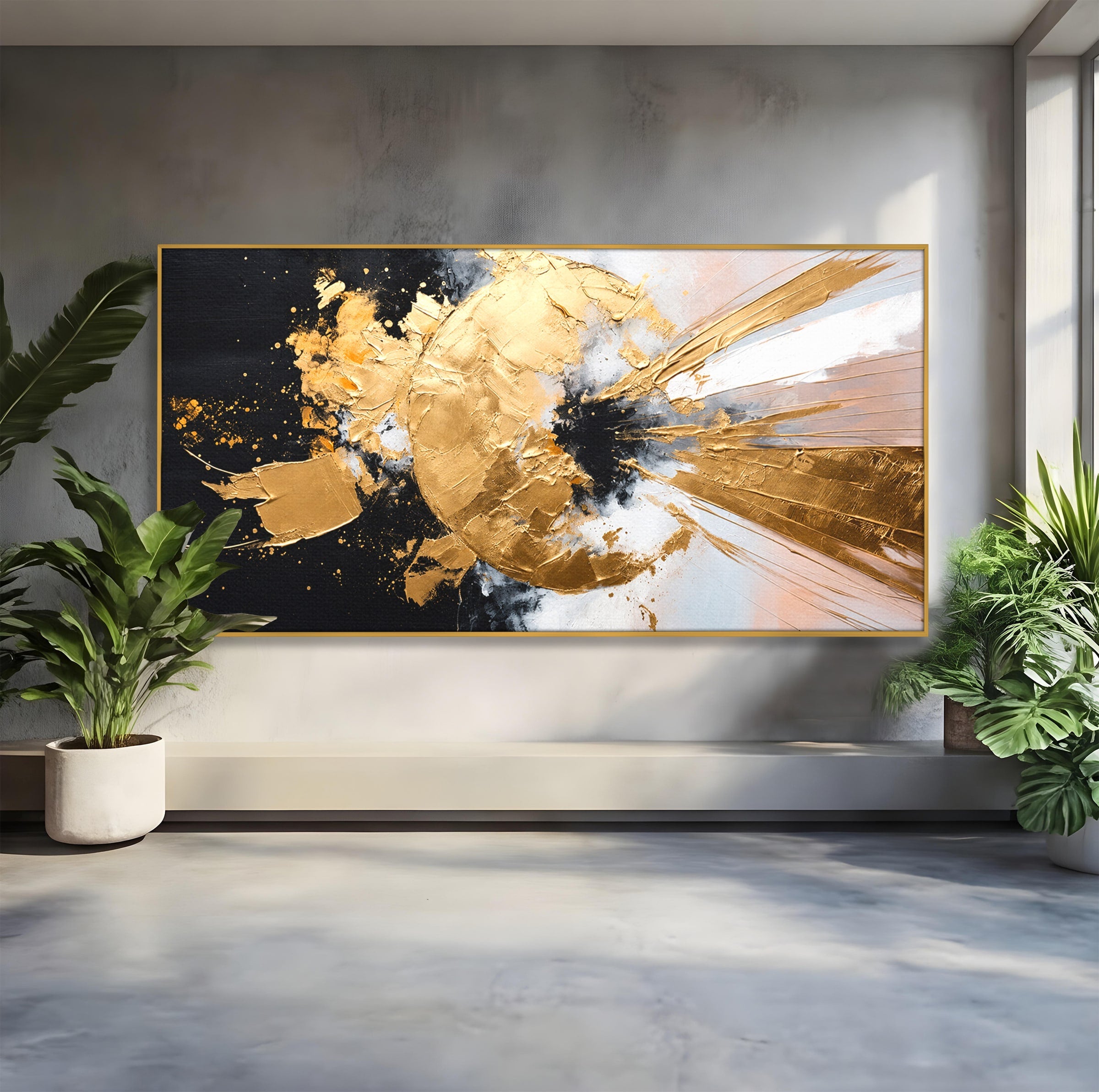 Tablou Canvas Premium LuxCanva® C1406, Explozie De Aur, Abstract, Modern, Energetic, Birou, Living, Culori Vibrante