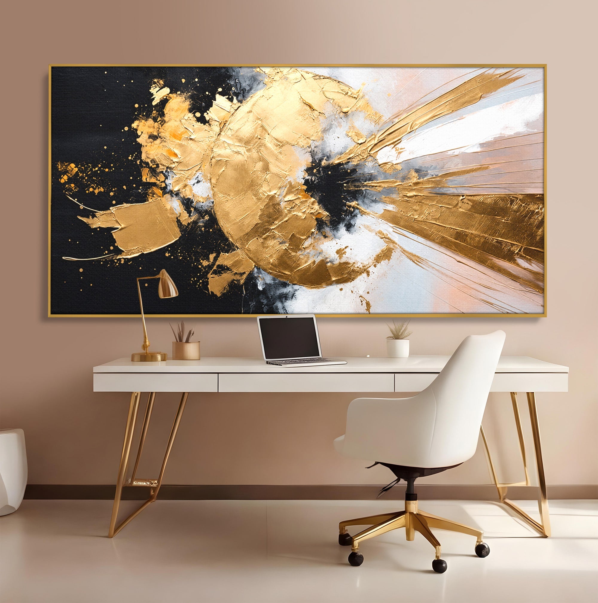 Tablou Canvas Premium LuxCanva® C1406, Explozie De Aur, Abstract, Modern, Energetic, Birou, Living, Culori Vibrante