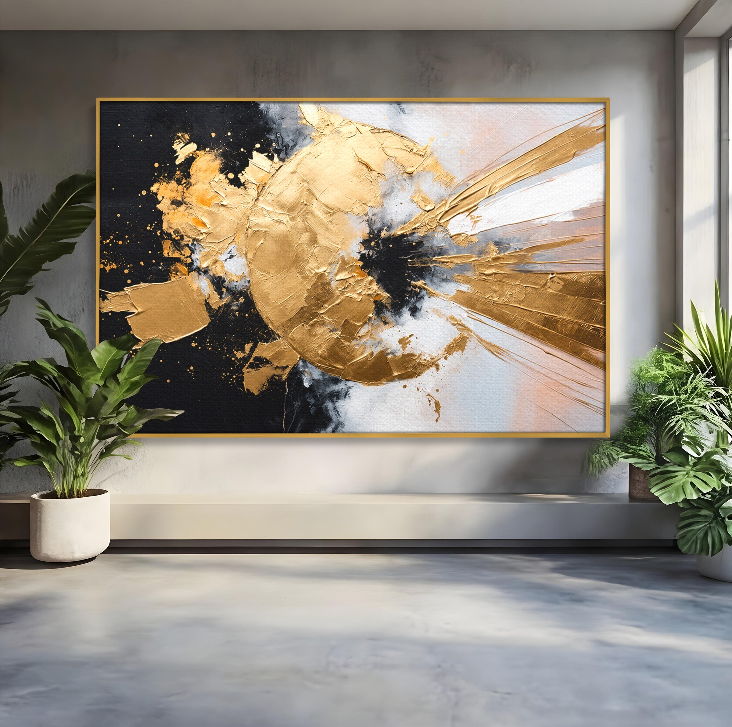 Tablou Canvas Premium LuxCanva® C1406, Explozie De Aur, Abstract, Modern, Energetic, Birou, Living, Culori Vibrante
