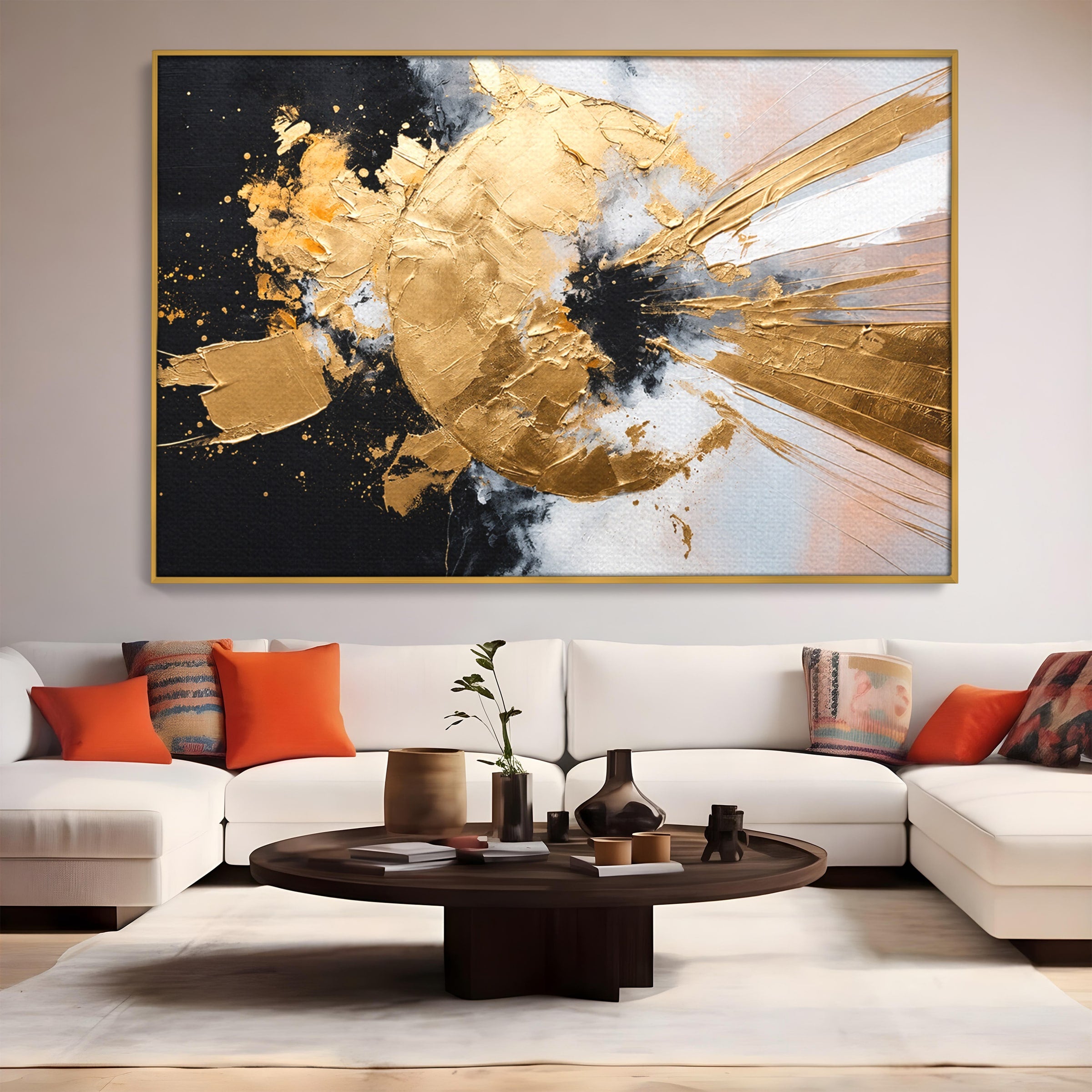 Tablou Canvas Premium LuxCanva® C1406, Explozie De Aur, Abstract, Modern, Energetic, Birou, Living, Culori Vibrante
