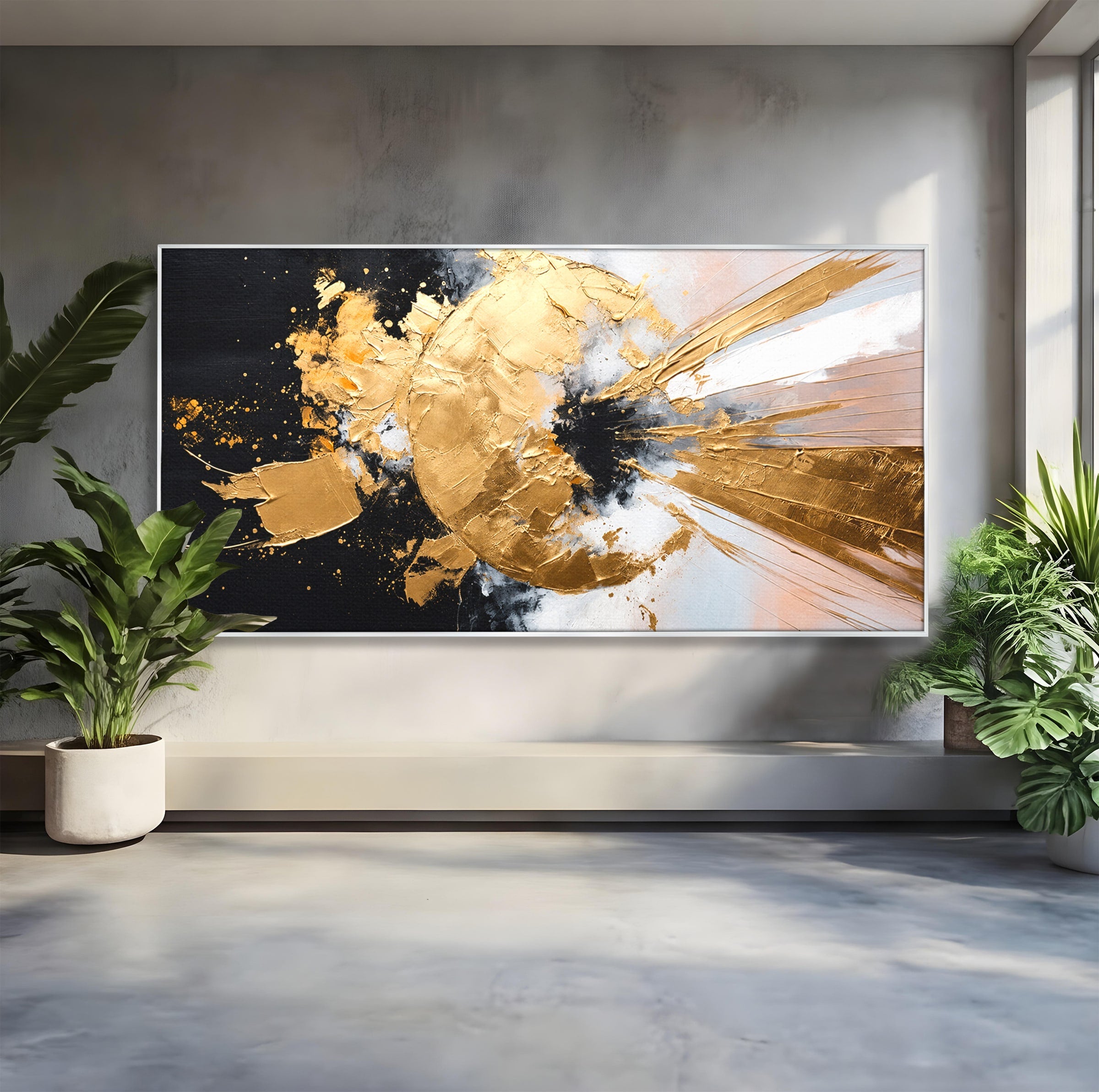 Tablou Canvas Premium LuxCanva® C1406, Explozie De Aur, Abstract, Modern, Energetic, Birou, Living, Culori Vibrante