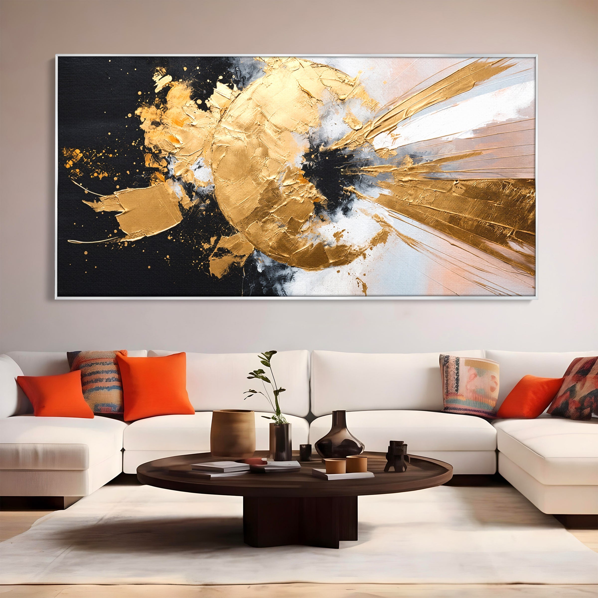 Tablou Canvas Premium LuxCanva® C1406, Explozie De Aur, Abstract, Modern, Energetic, Birou, Living, Culori Vibrante