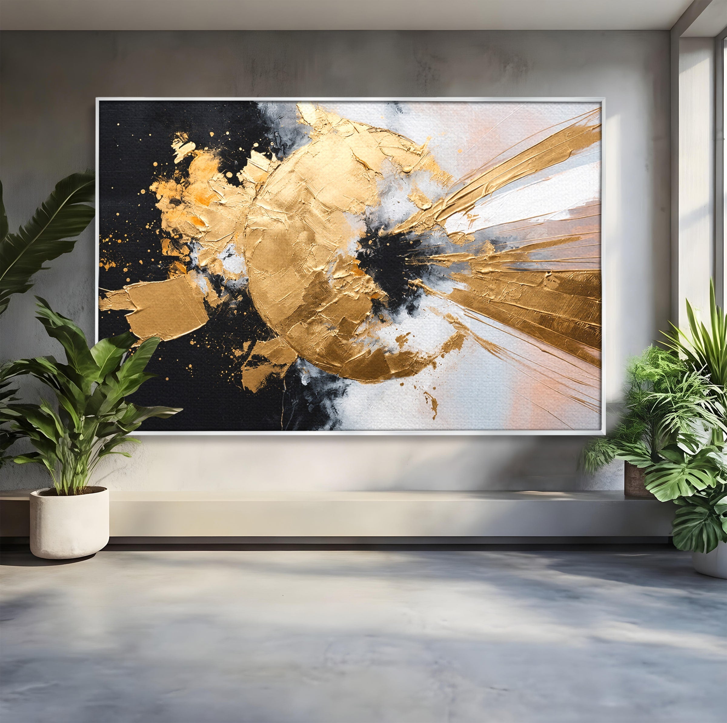 Tablou Canvas Premium LuxCanva® C1406, Explozie De Aur, Abstract, Modern, Energetic, Birou, Living, Culori Vibrante