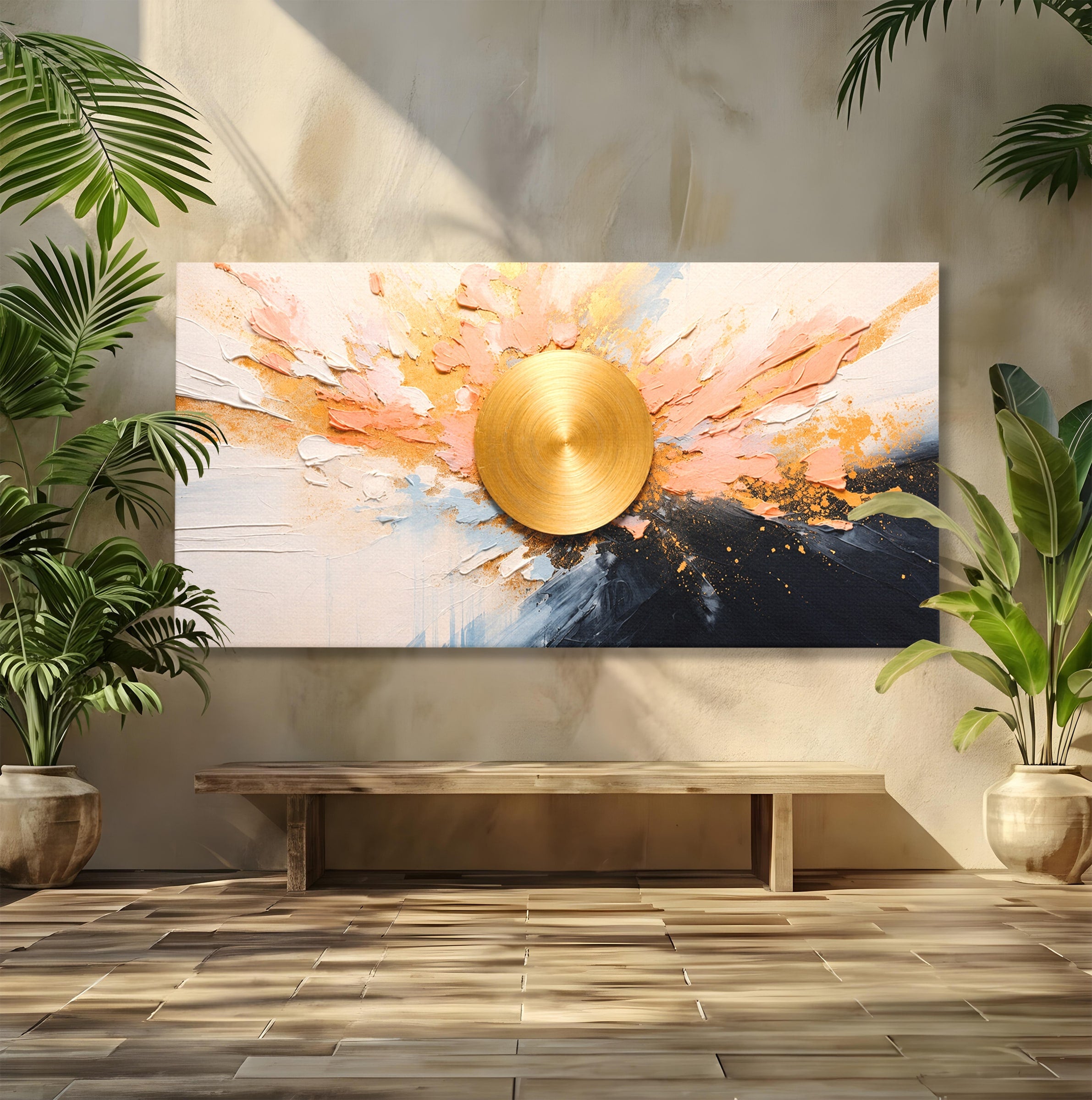 Tablou Canvas Premium LuxCanva® C1407, Explozie Aurie, Abstract, Arta Moderna, Living, Dinamism, Auriu, Culori Vibrante