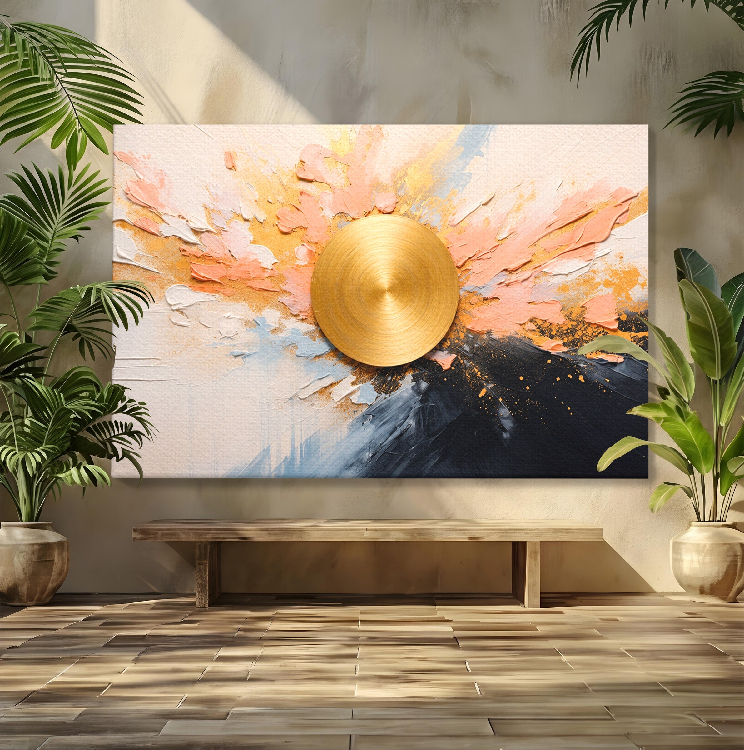 Tablou Canvas Premium LuxCanva® C1407, Explozie Aurie, Abstract, Arta Moderna, Living, Dinamism, Auriu, Culori Vibrante