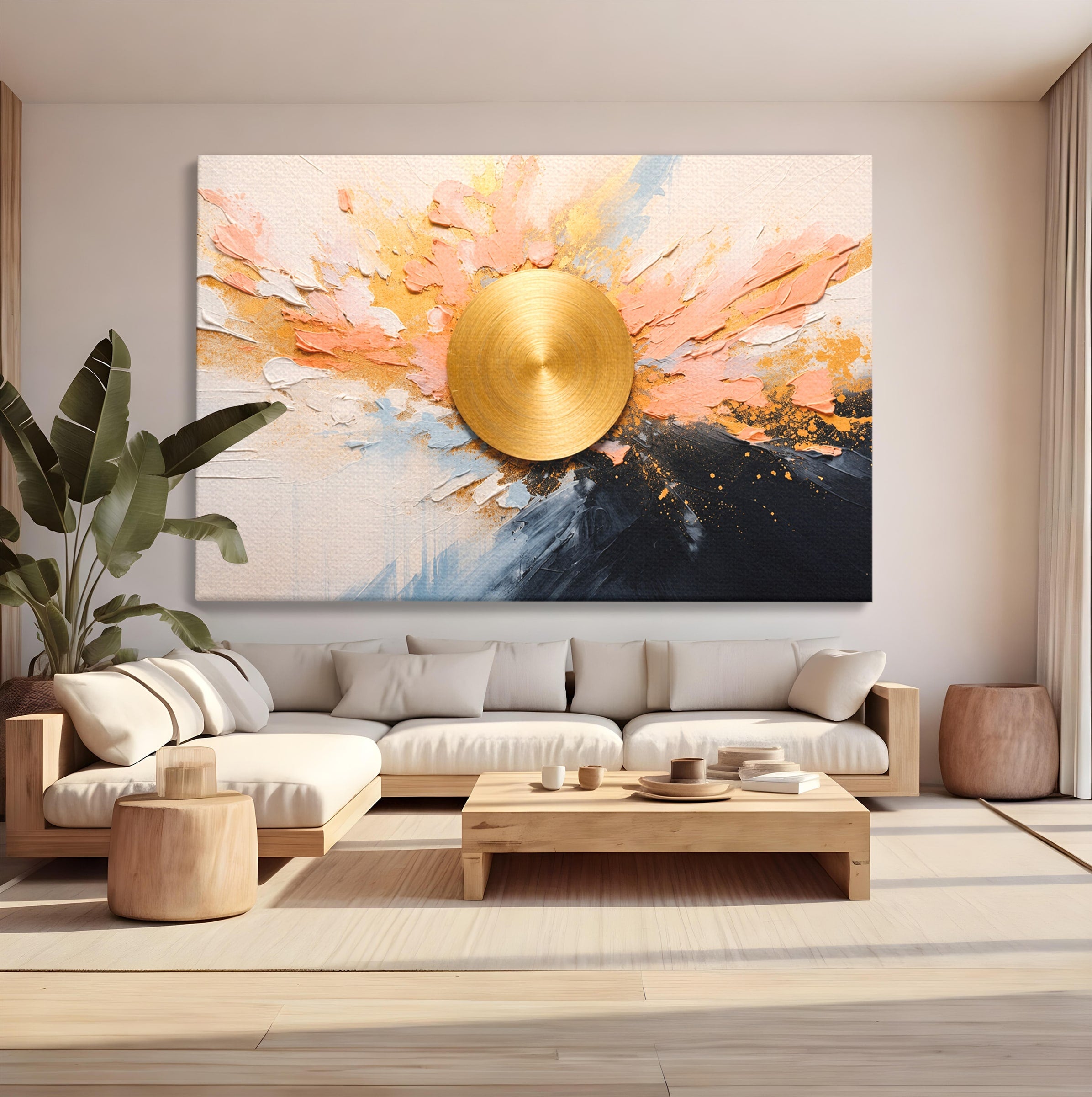 Tablou Canvas Premium LuxCanva® C1407, Explozie Aurie, Abstract, Arta Moderna, Living, Dinamism, Auriu, Culori Vibrante