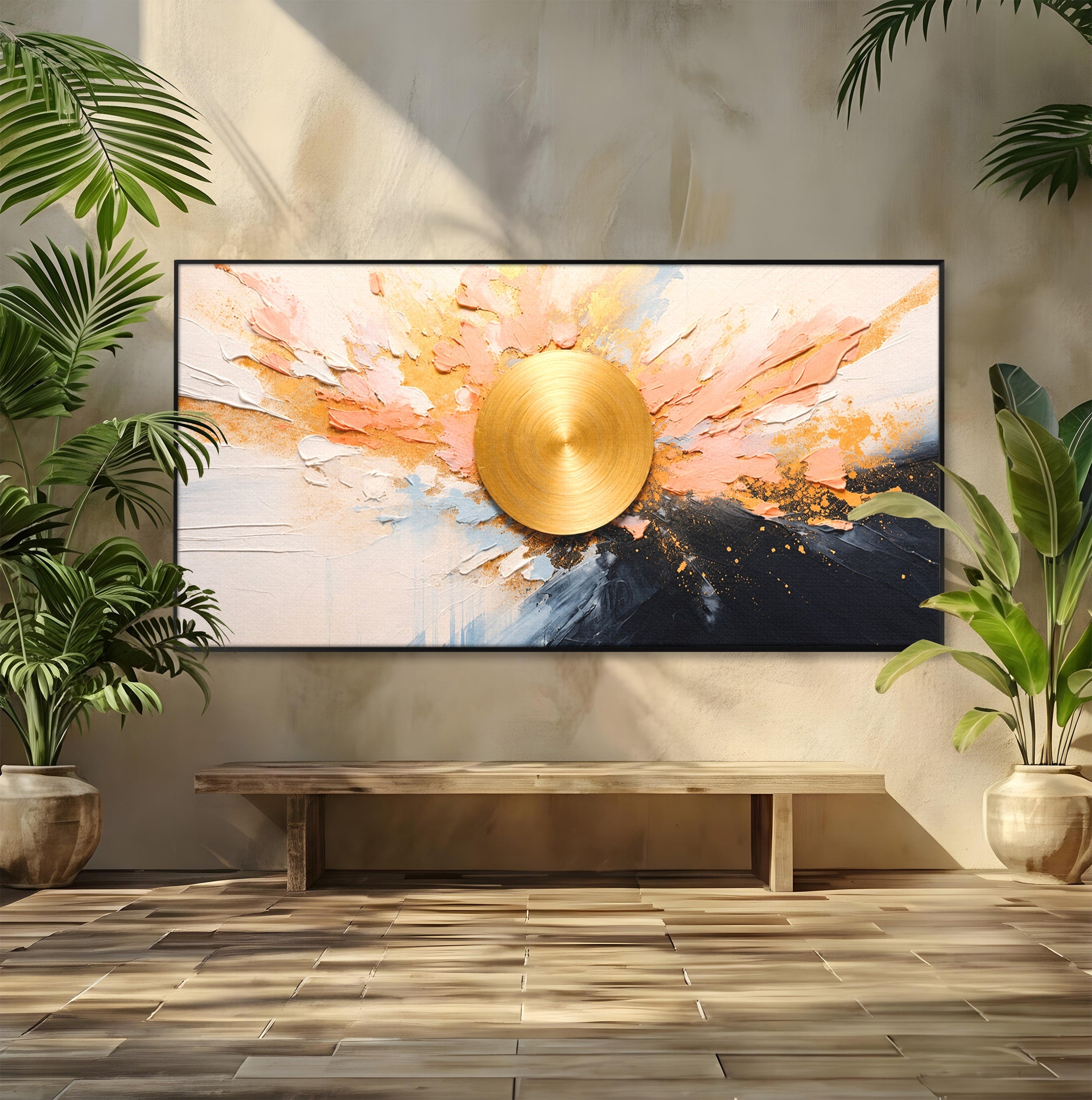 Tablou Canvas Premium LuxCanva® C1407, Explozie Aurie, Abstract, Arta Moderna, Living, Dinamism, Auriu, Culori Vibrante